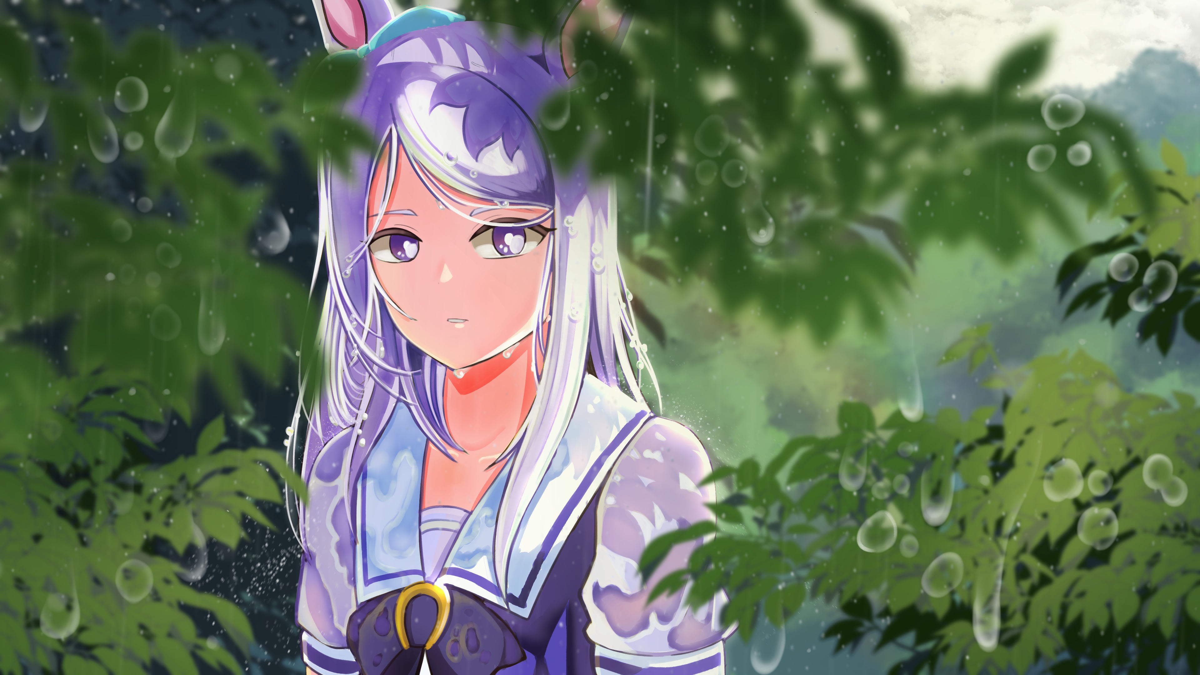Wallpaper girl, trees, rain, Mejiro McQueen, Uma Musume: Pretty Derby for mobile and desktop, section арт, resolution 3840x2160