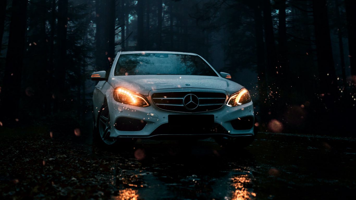 Download wallpaper 1366x768 mercedes, car, white, front view, forest tablet, laptop HD background