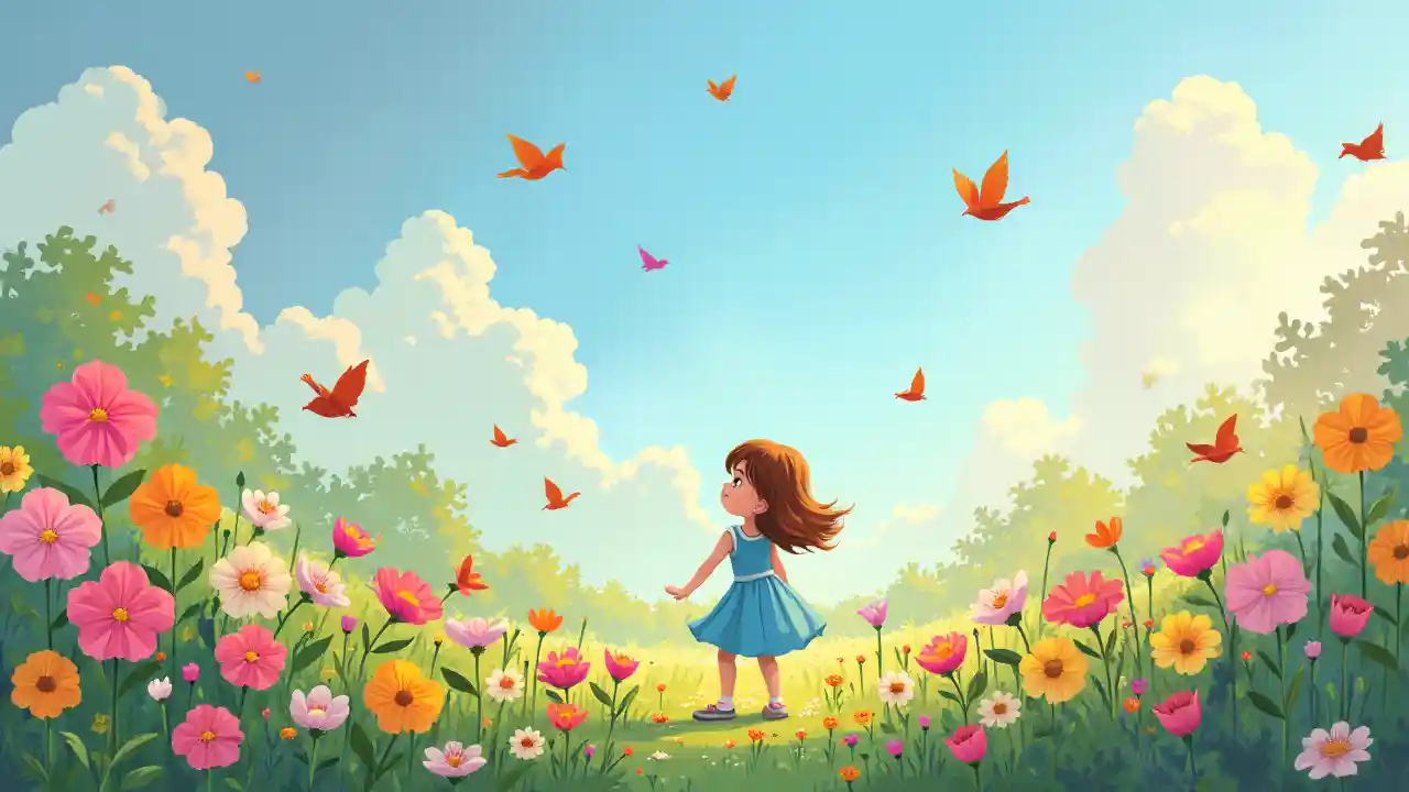 Spring Cartoon Girl with Flowers and Butterflies
