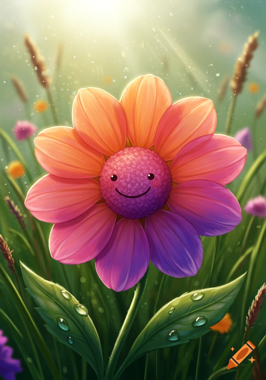 A vibrant, smiling cartoon flower with orange, pink, and purple gradient petals, and dewdrops on its leaves, in a sunny green field. on Craiyon