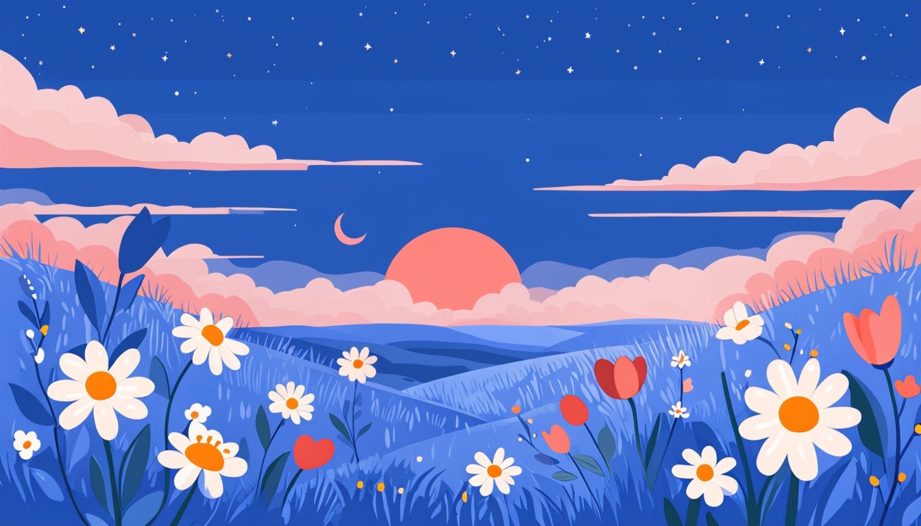 Whimsical Cartoon Meadow with Flowers and Serene Sky Virtual Background