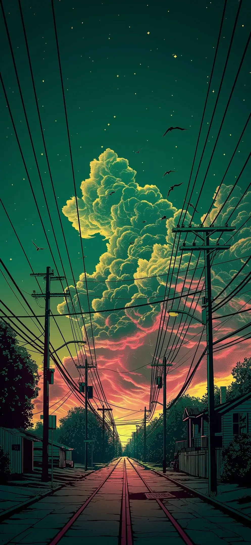 Anime Style Suburban Street With Power Lines And Intense Green Pink Clouds Best Desktop Wallpaper Background For Apple IPhone 11 12 13 14 15 16 17 Pro Max 2025 2026