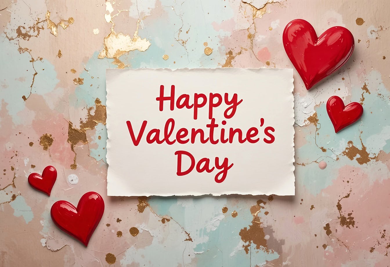 Free picture: Romantic background with a card with text Happy Valentine's day and red hearts on a pastel colorful background
