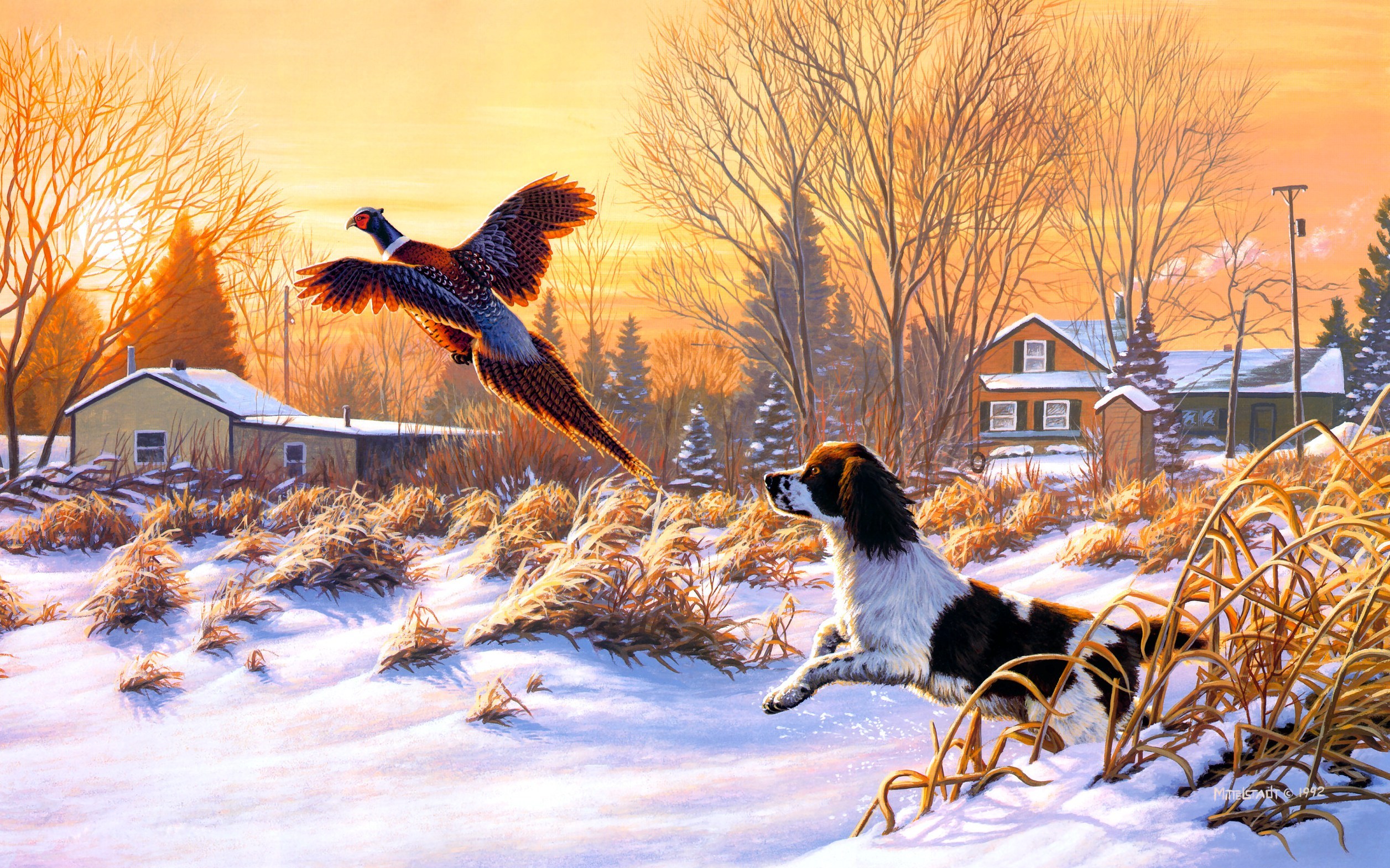 Wallpaper winter, snow, nature, sunrise, bird, dog, painting, art for mobile and desktop, section живопись, resolution 2513x1570