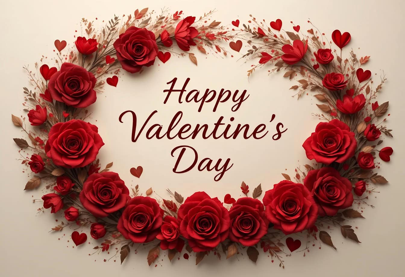 Free picture: Wreath of red roses with romantic note, Happy Valentine's day
