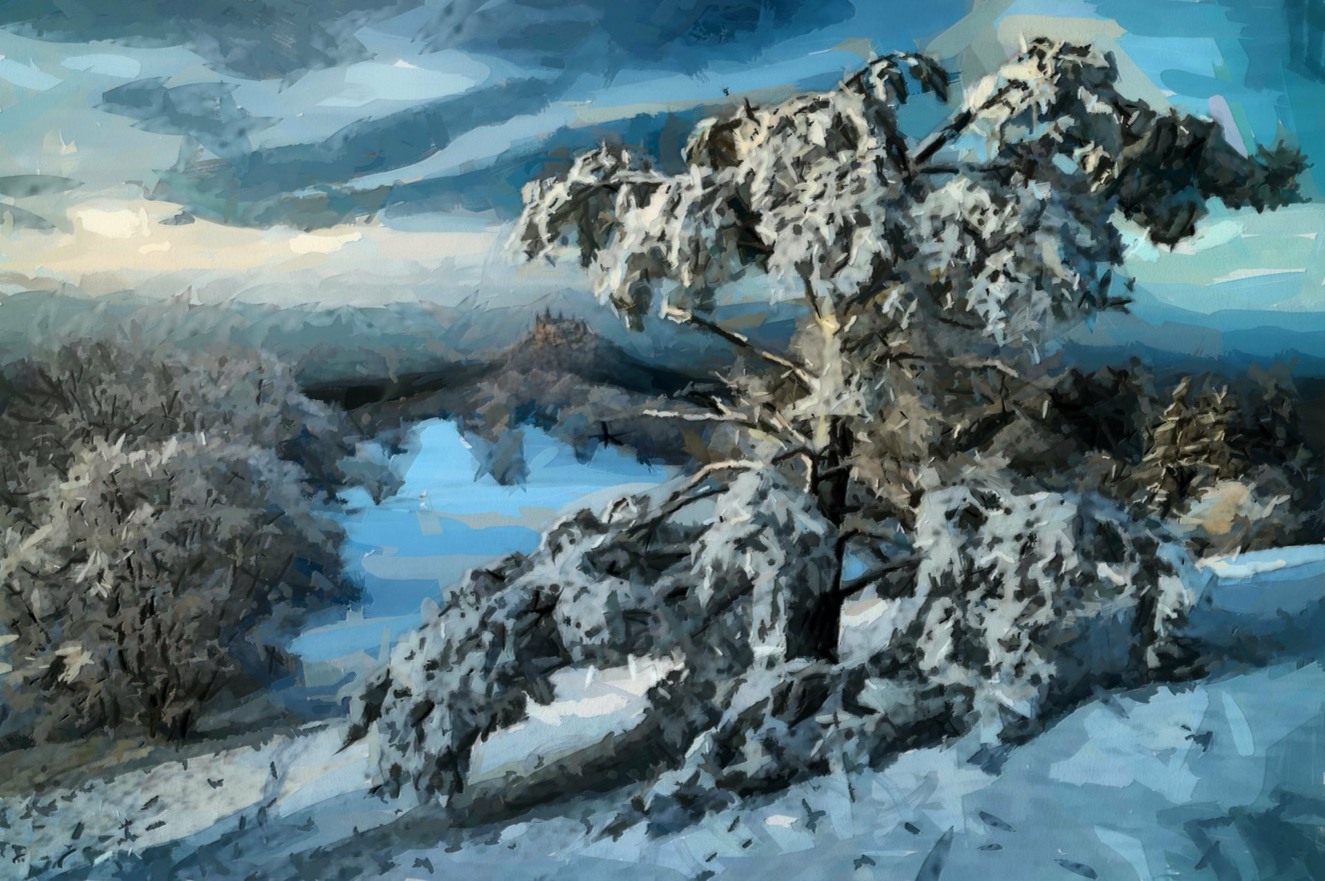 Download Tree Snow Winter Nature Artistic Painting HD Wallpaper
