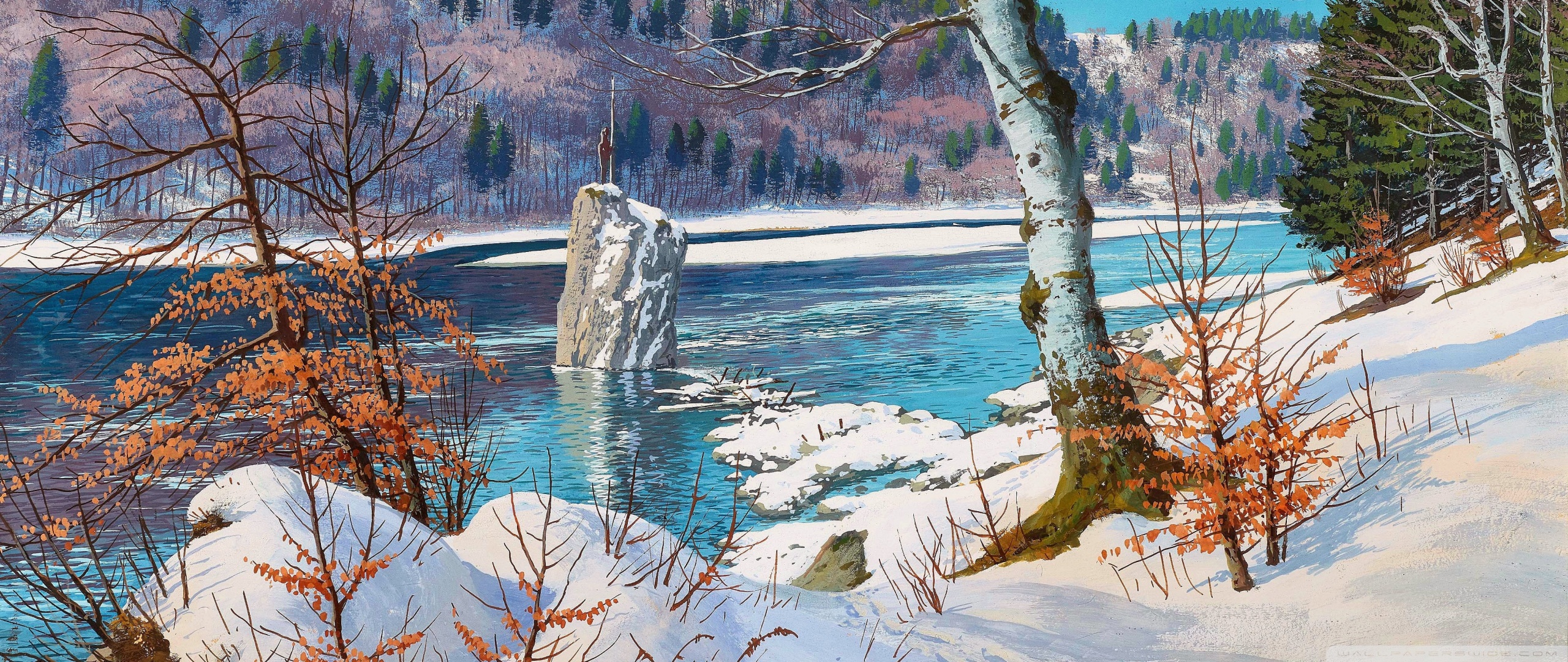 River, Bare trees, Snow, Winter, Painting 4K UHD Wallpaper for UltraHD Desktop and TV, Widescreen and UltraWide Display, Smartphone and Tablet Devices
