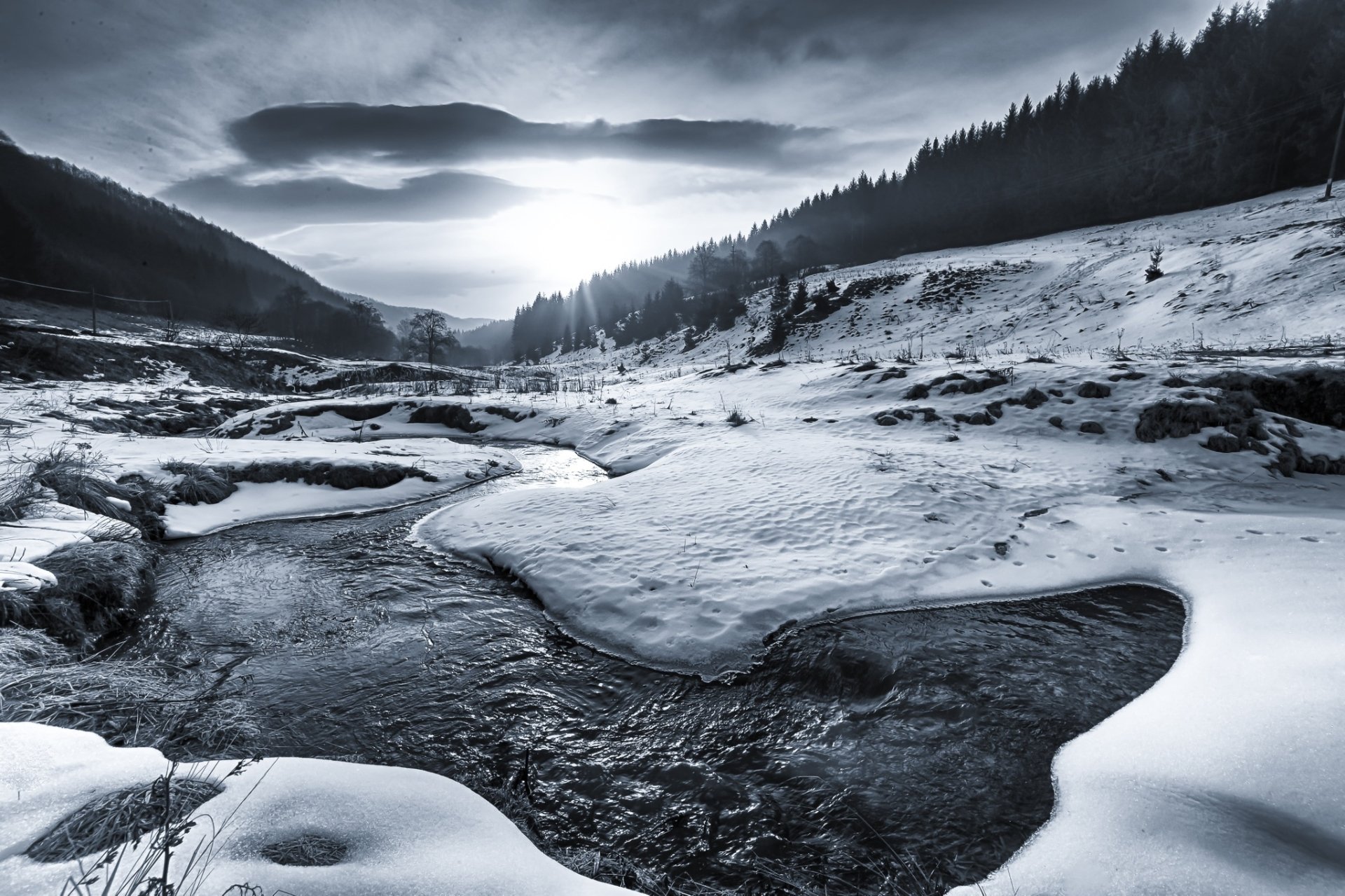 Download Black & White Snow River Nature Winter HD Wallpaper