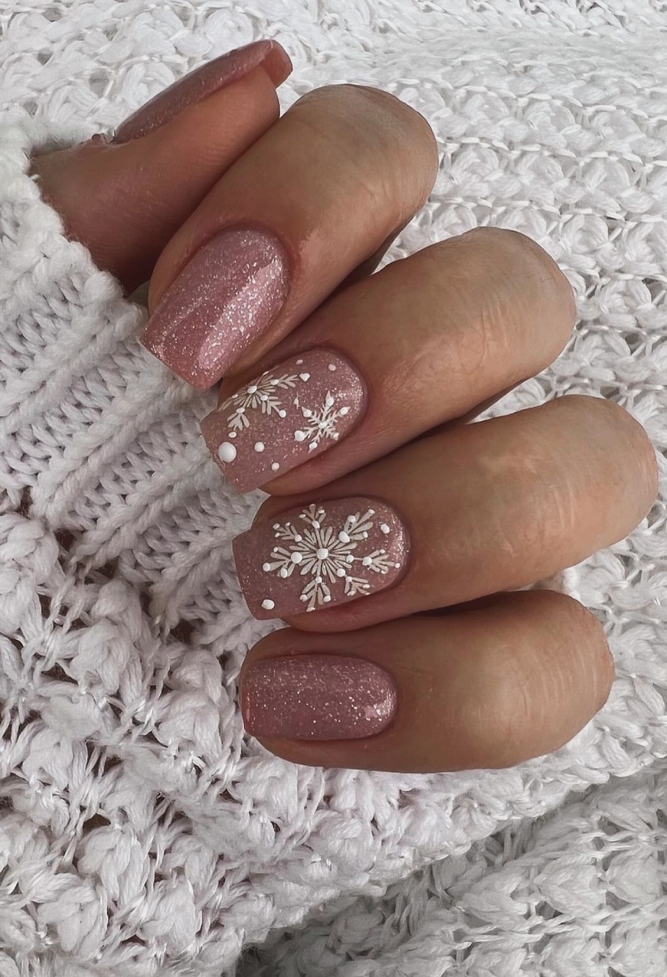 Pink Glitter Christmas Winter Nail Art Design with Snowflake