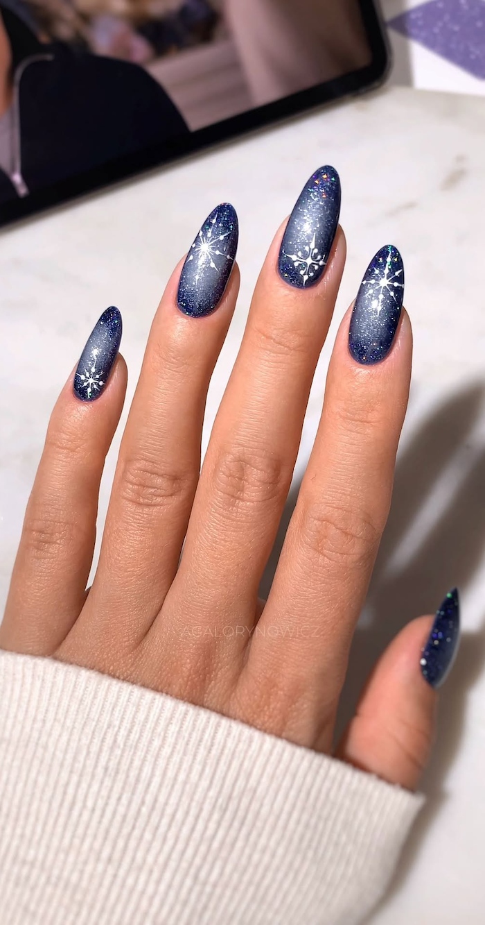 Midnight Snowfall Winter Nails with Sparkling Blue Gradient