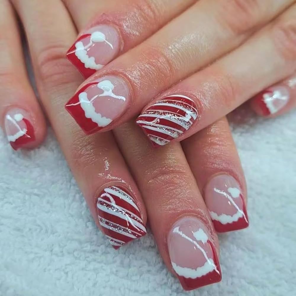 Christmas Press On Nails Short Square, Fake Nails Red White Glitter Stripes Designs Cute Christmas Hat Nail Art Manicure Acrylic Stick On Nails Winter Xmas Nail Accessories Decorations for Women 24Pcs