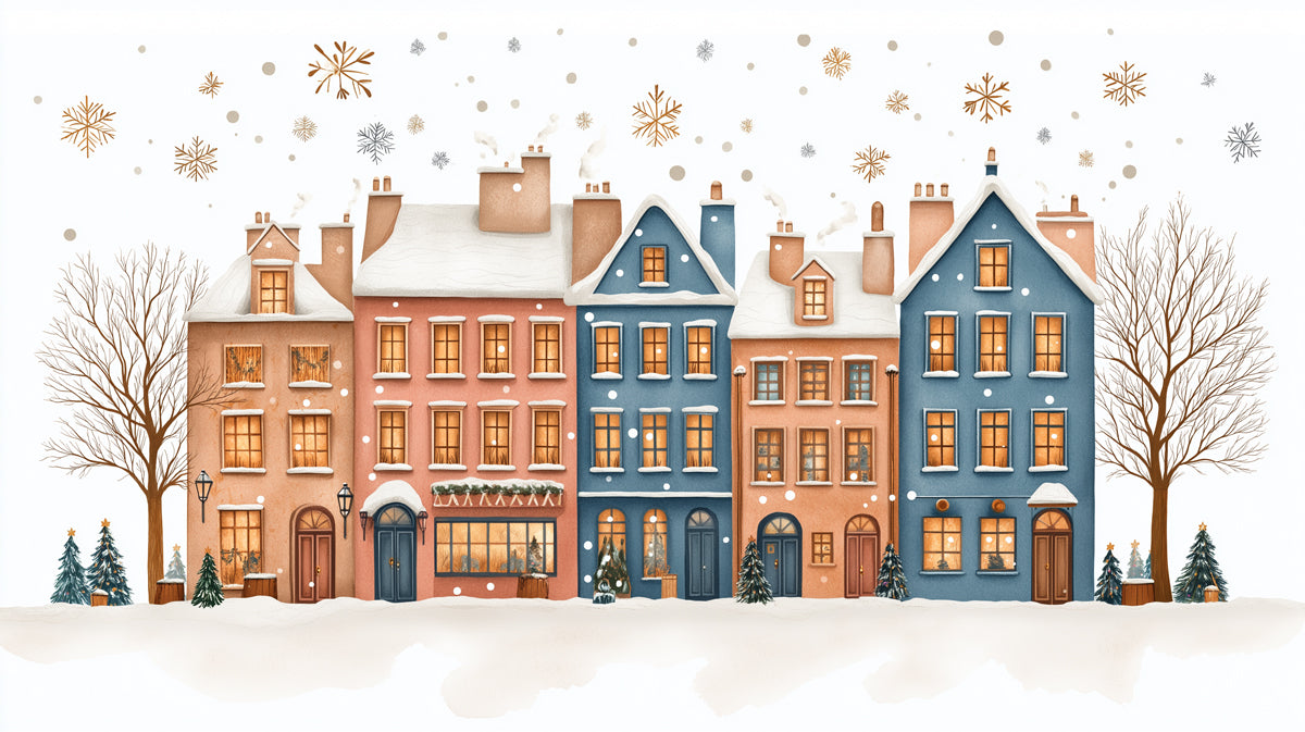 Charming Winter Townscape with Festive Houses Mural Wallpaper. Cozy Holiday Scene