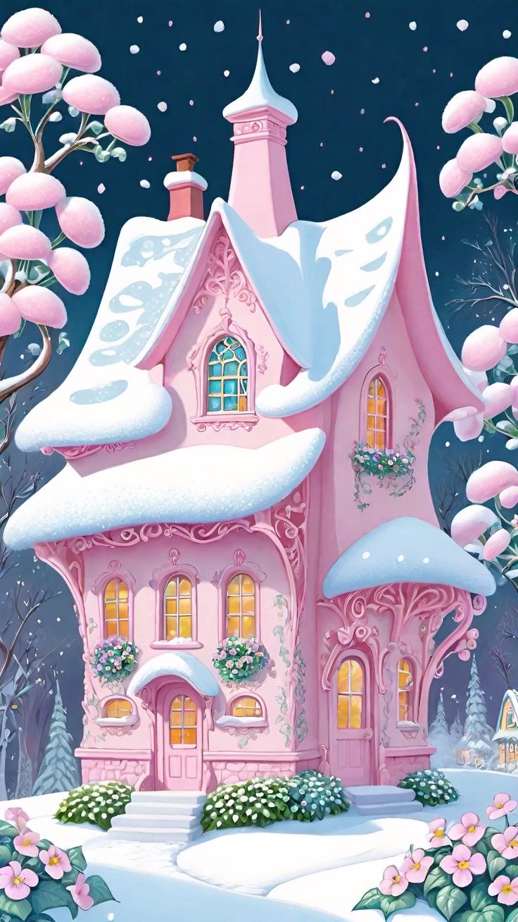 Cozy Pink House in the Snow
