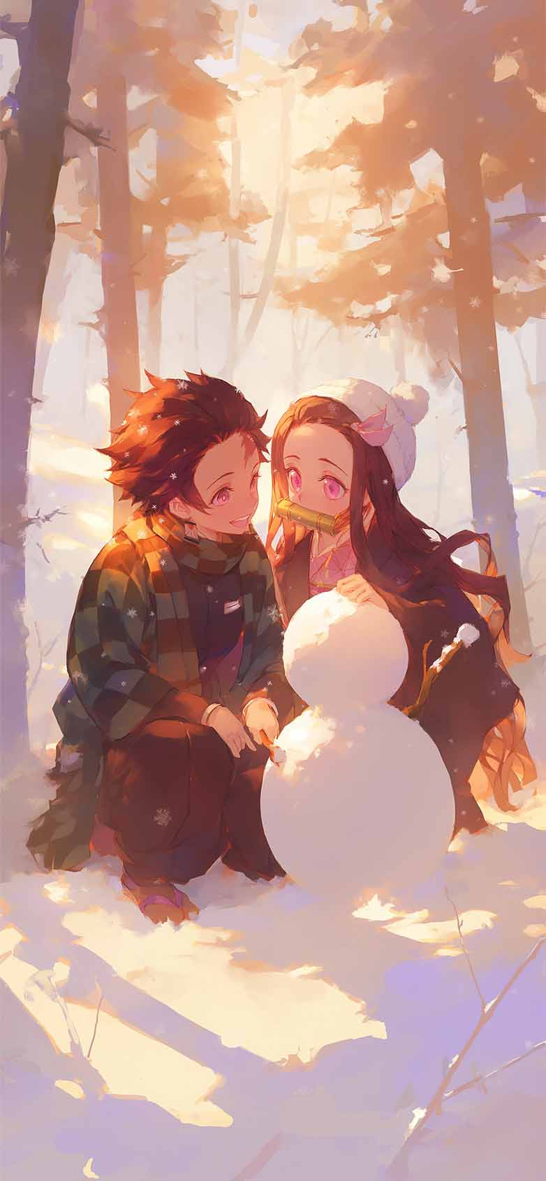 Tanjiro & Nezuko Cozy Winter Snowman Wallpaper