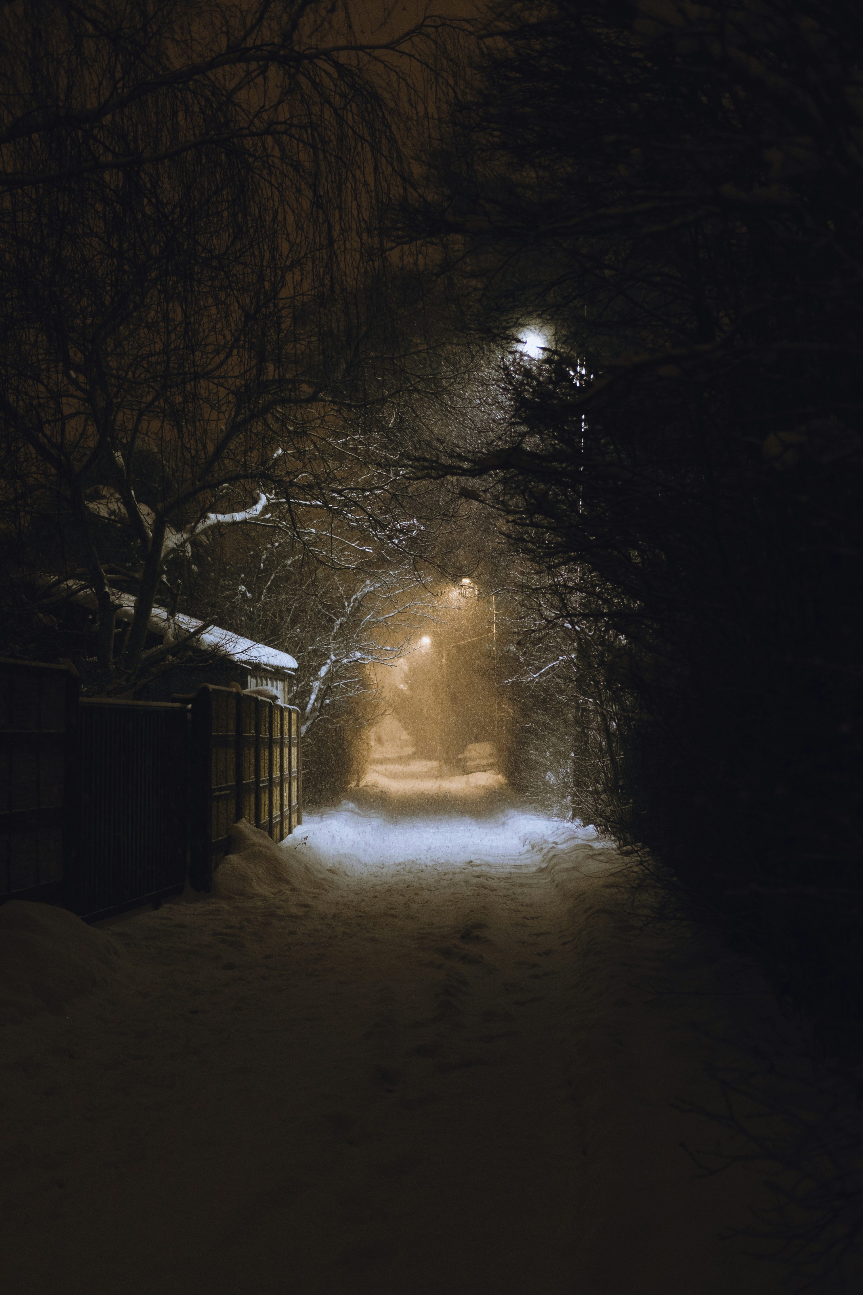 A snow covered path with a light at the end of it photo