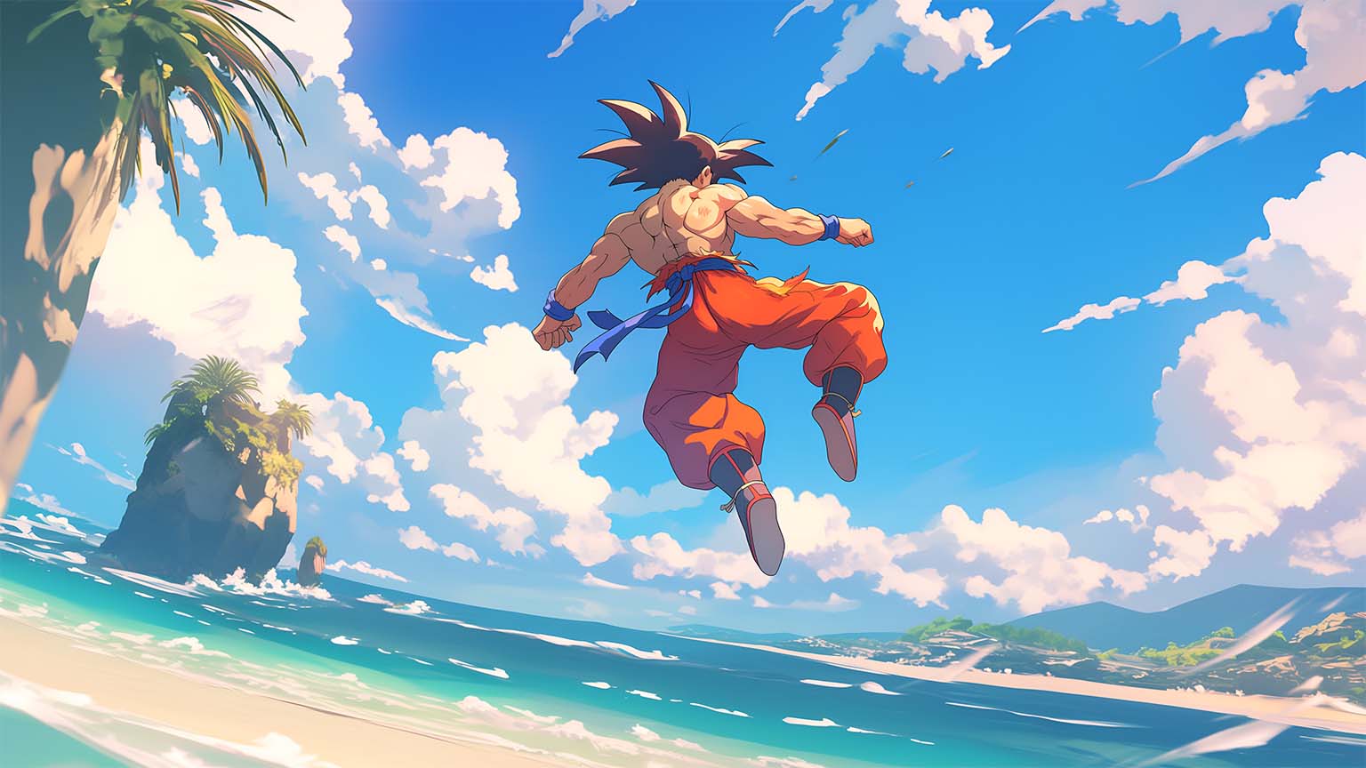 Goku Flying Over Beach Summer Vibe Wallpaper