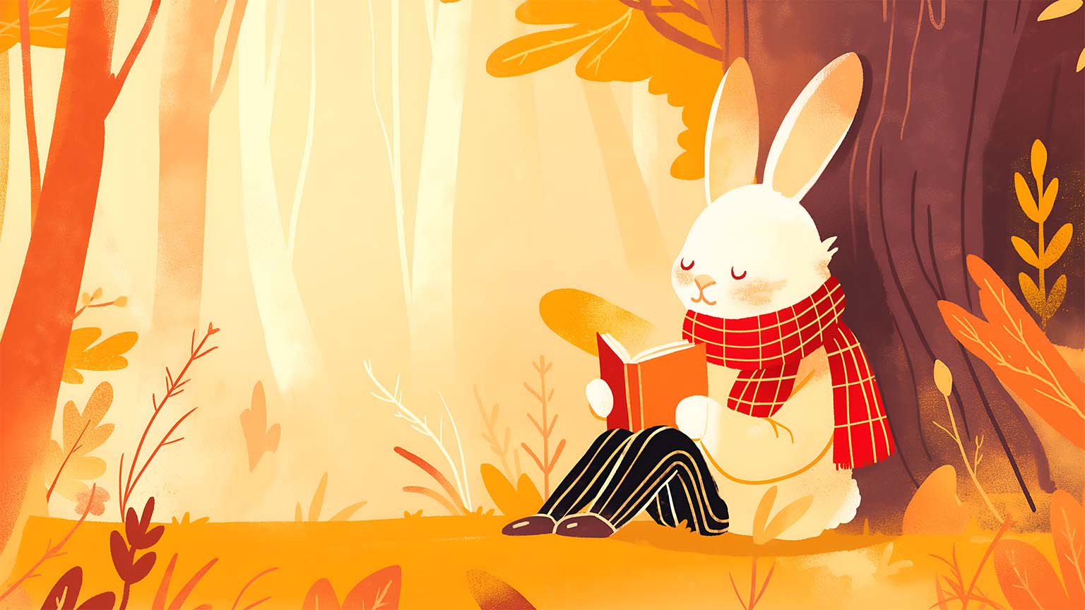 Rabbit in a Scarf Reading Under a Tree Cozy Desktop Wallpaper
