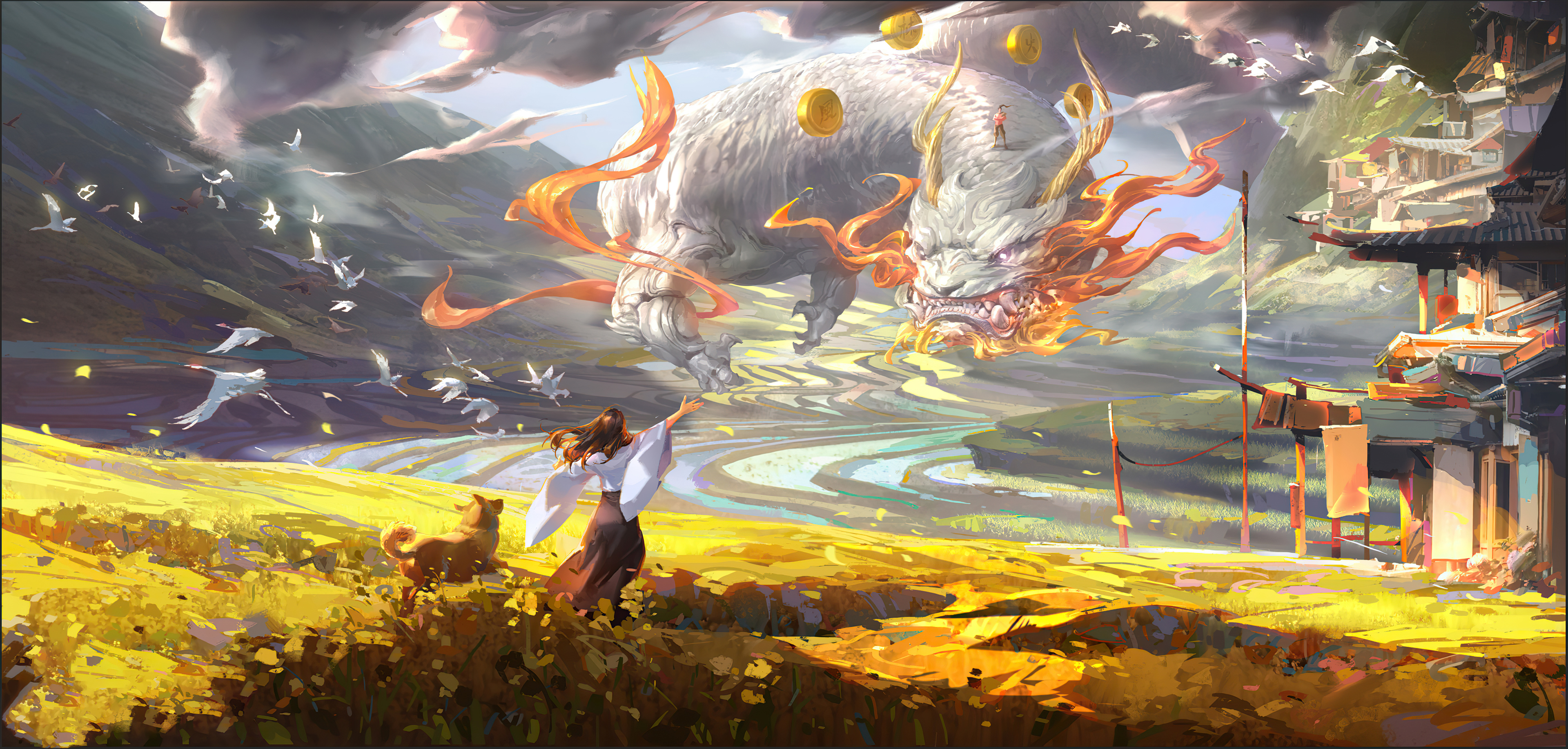 Phone wallpaper: Fantasy, Dragon, Chinese Dragon, Dog, Landscape 1020930
