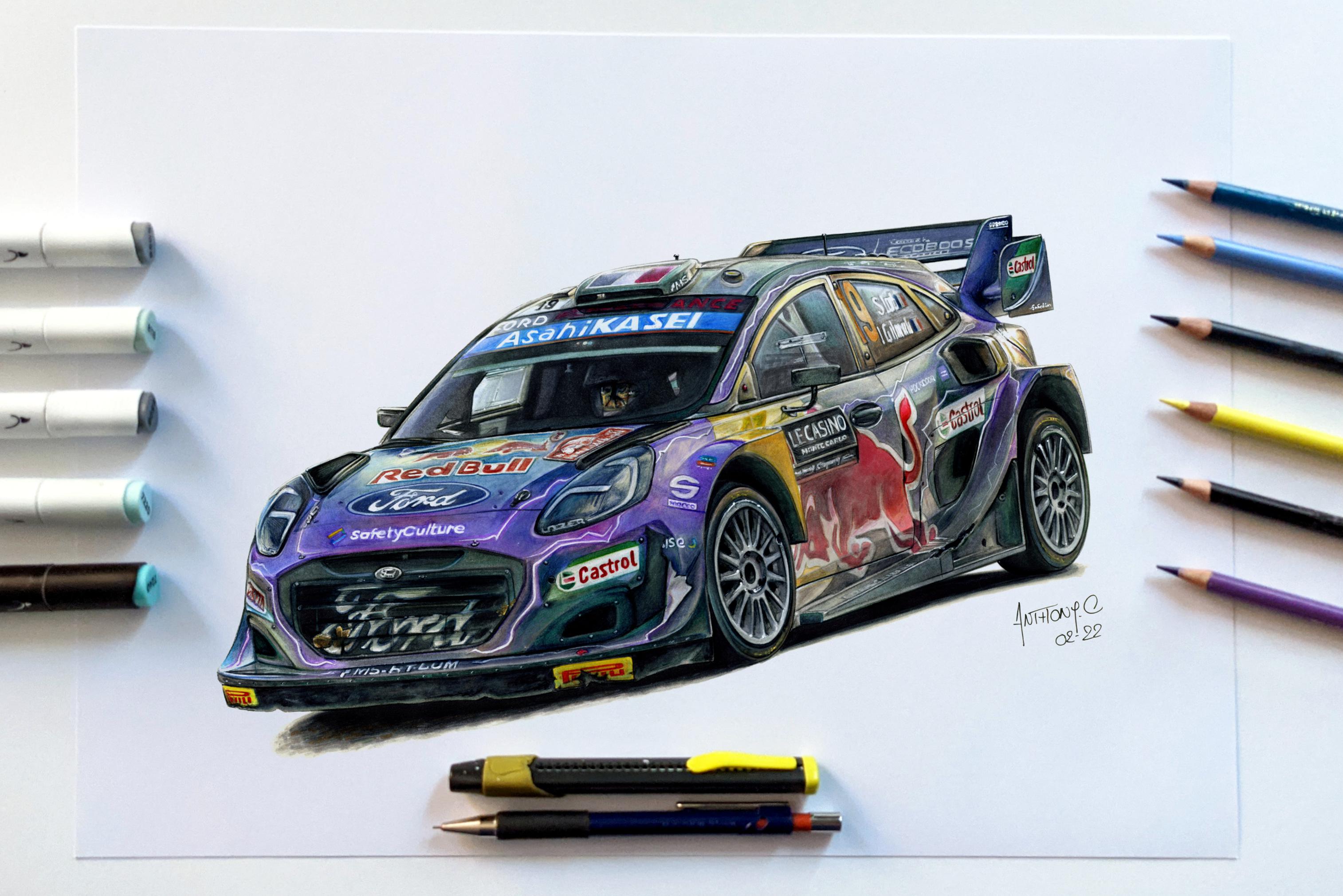 Sebastien Loeb In The Ford Puma Rally 1 Monte Carlo 2022 Drawn By Anthony C