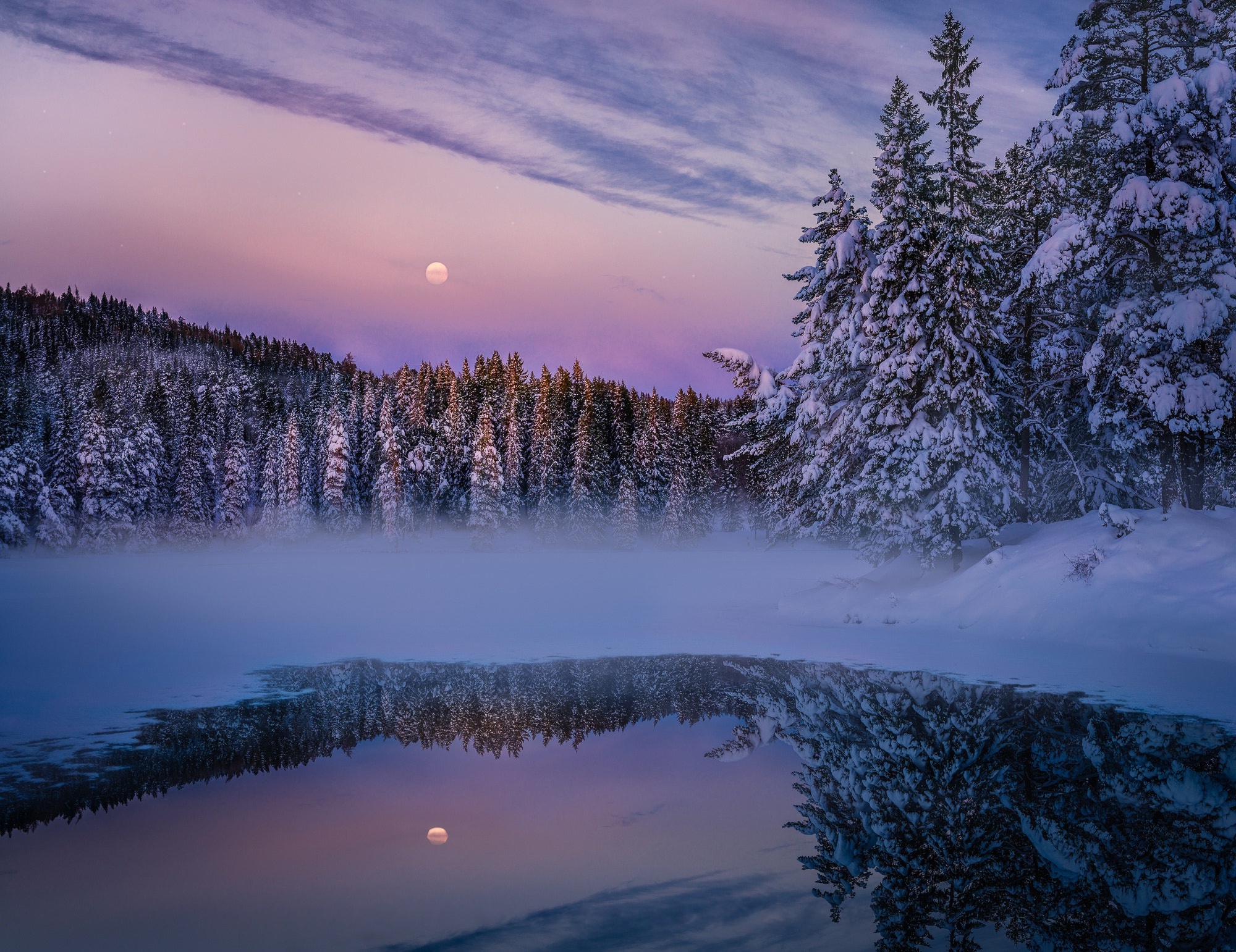 Wallpaper winter, forest, snow, nature, lake, the moon, the evening, haze for mobile and desktop, section природа, resolution 2000x1541