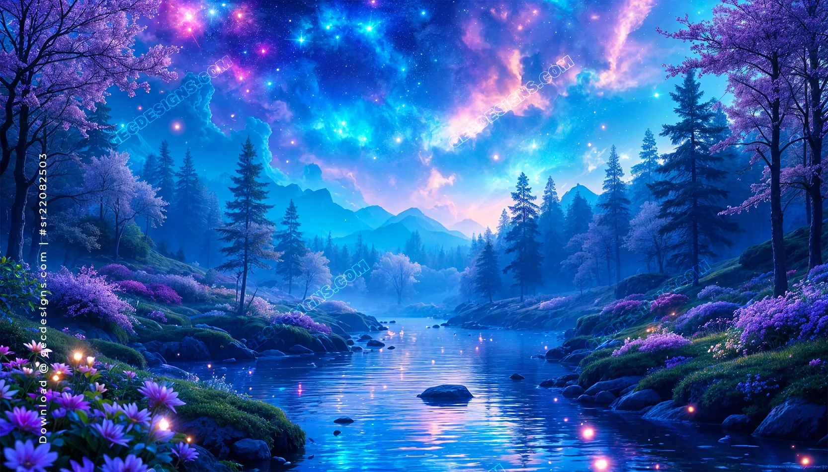 Magical Fantasy Nature Wallpaper with River, Mountains, and Starry Sky for Desktop