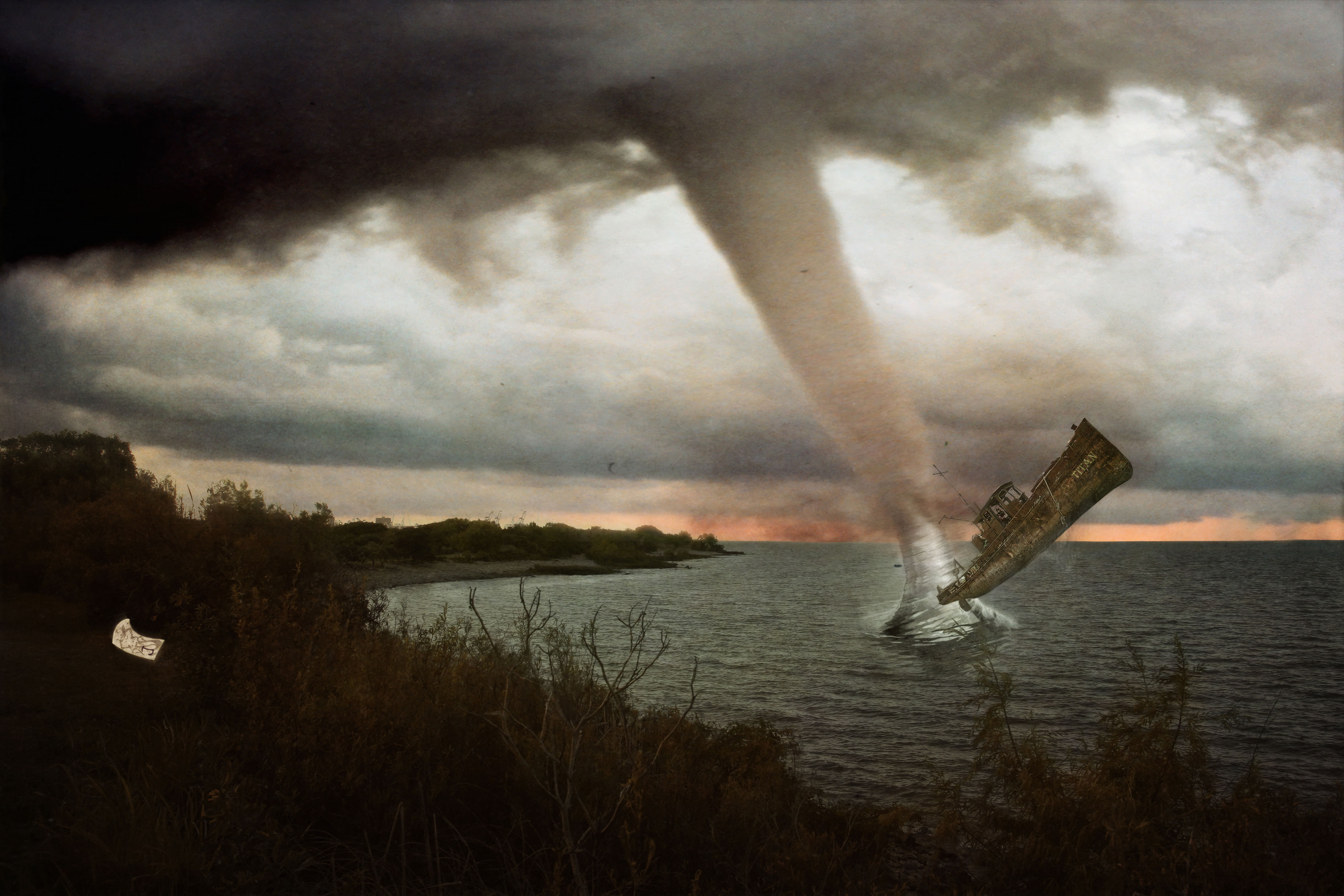 Wallpaper sea, clouds, ship, tornado, hurricane, The ship for mobile and desktop, section ситуации, resolution 4368x2912