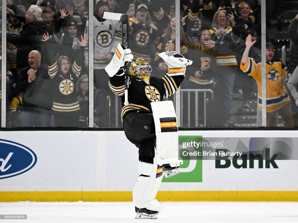 Jeremy Swayman Boston Bruins Goalie Celebration Photo