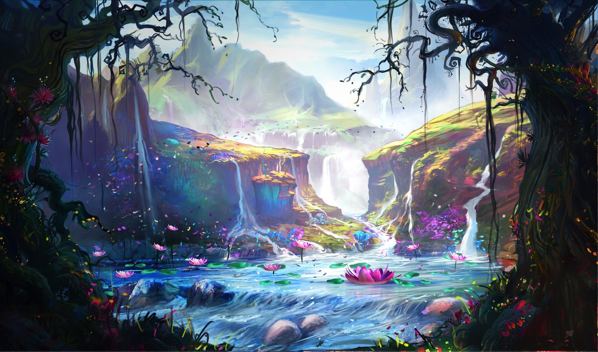 Download Waterfall Lake Fantasy Landscape Fantasy Landscape HD Wallpaper