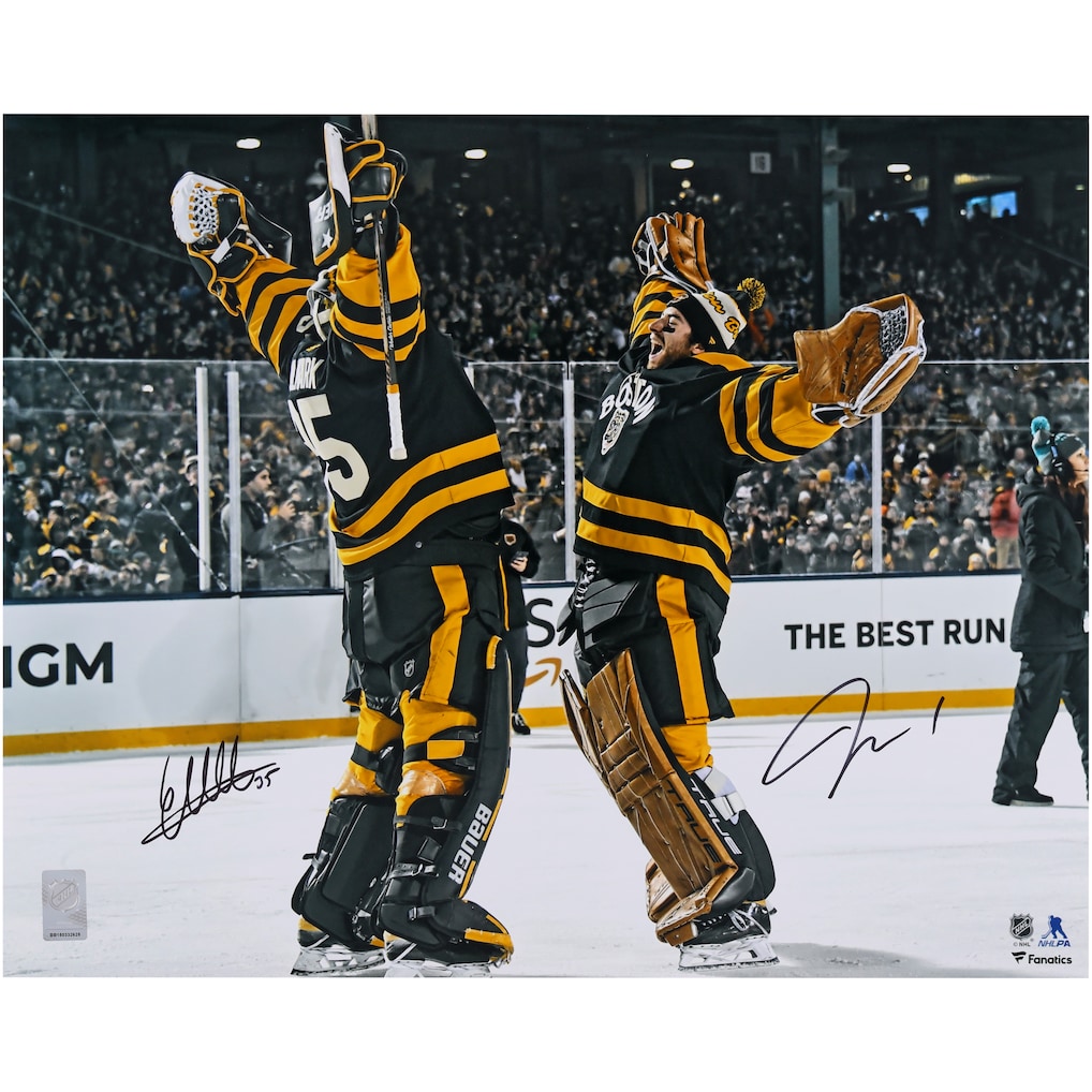 Linus Ullmark & Jeremy Swayman Boston Bruins Dual Signed Fanatics Authentic 16 X 20 Black Jersey Celebrating Photograph