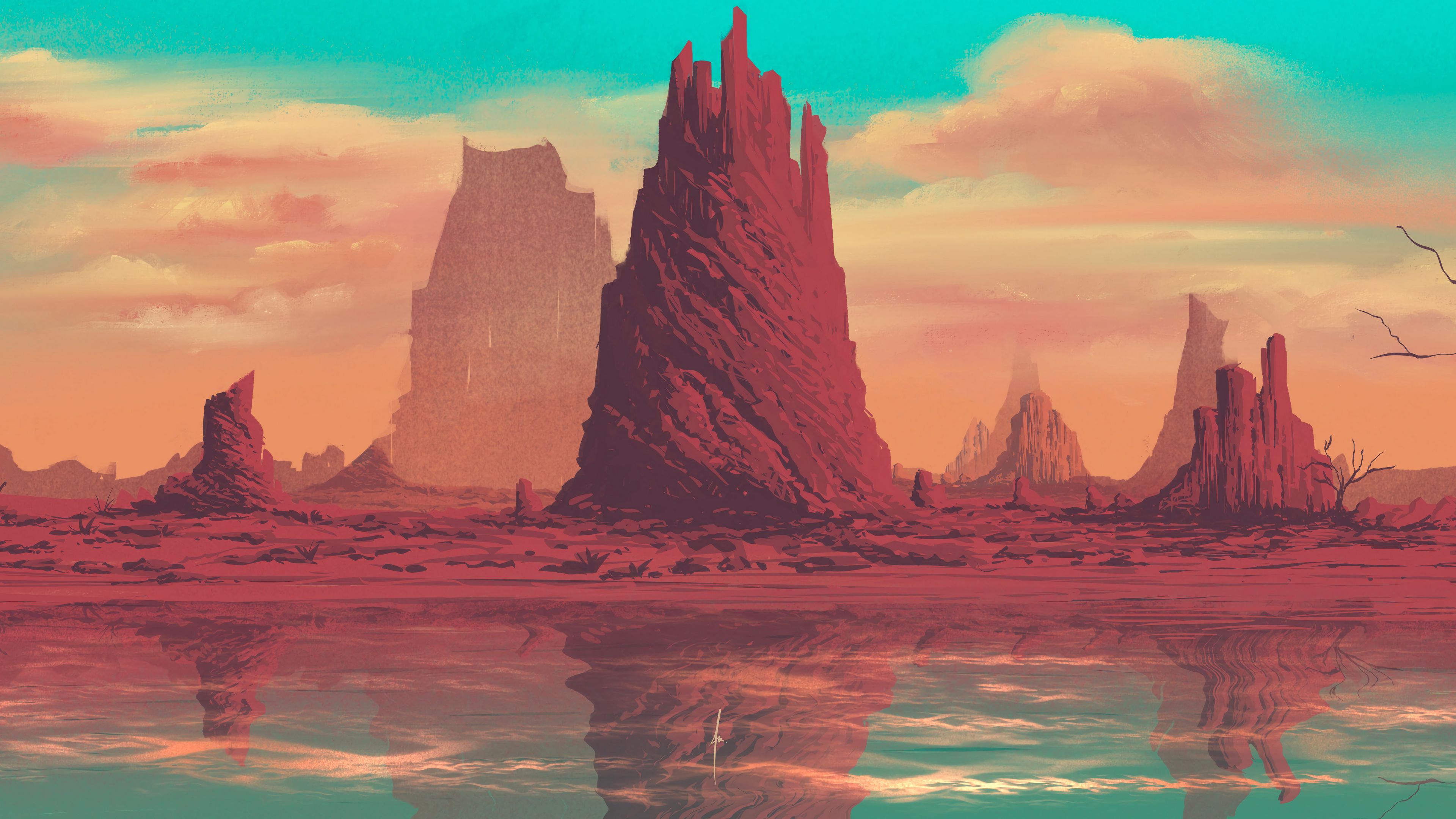 Download wallpaper 3840x2160 rock, mountain, fantasy, lake, art 4k uhd 16:9 HD background