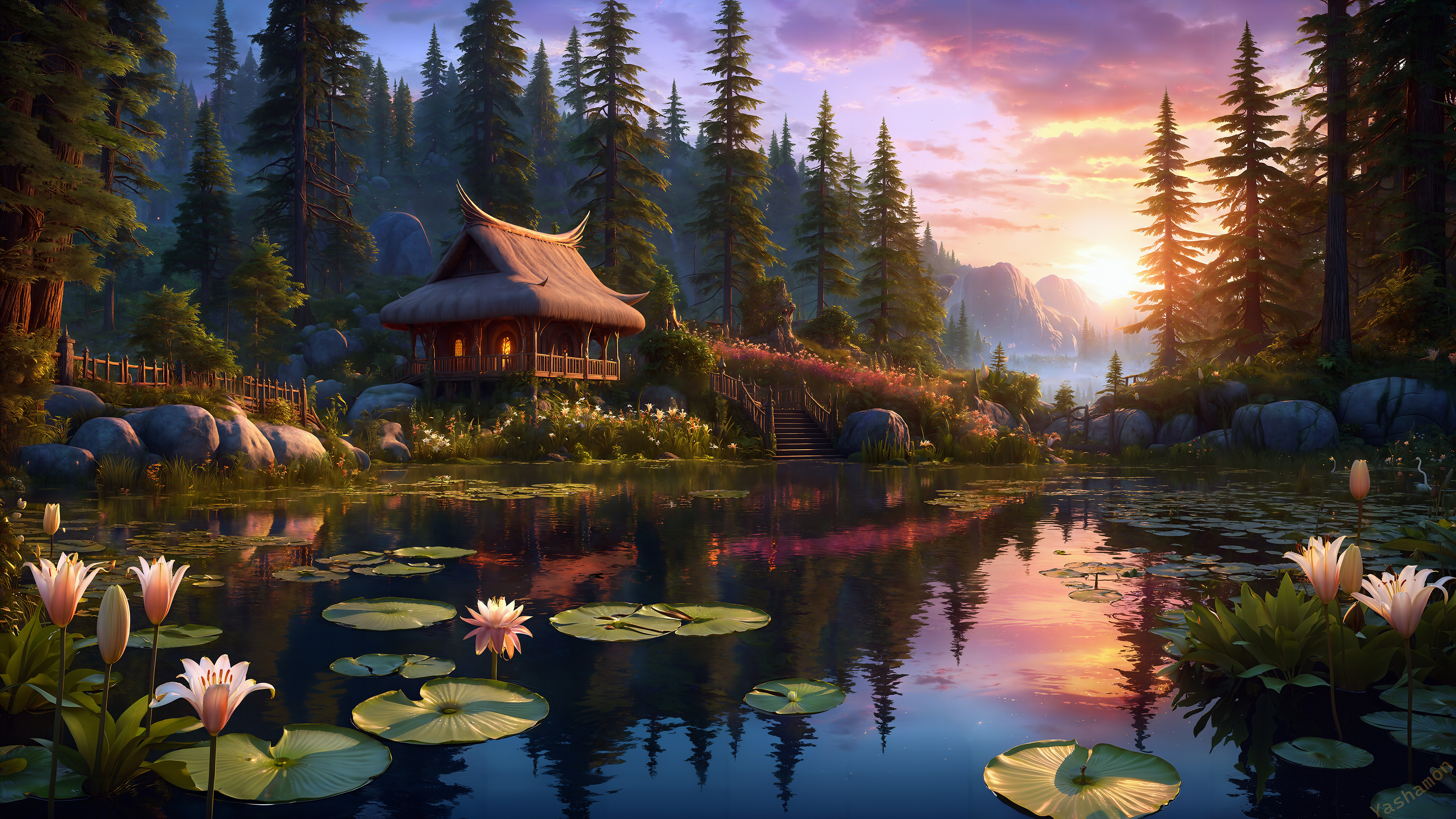 Enchanted Forest Cottage by the Water Lily LakeK Ultra HD Fantasy Wallpaper