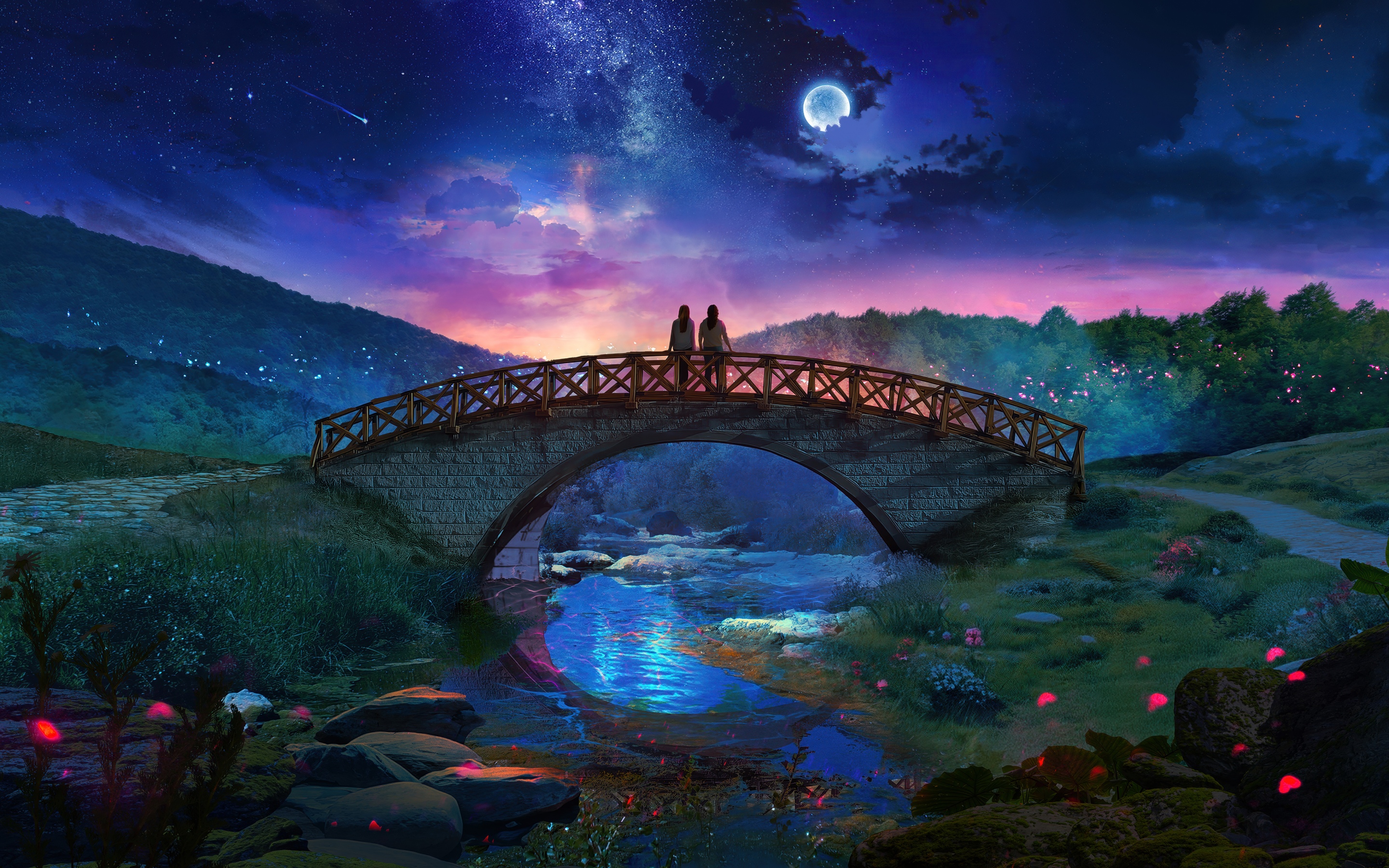 Couple Wallpaper 4K, Fantasy landscape, Night sky