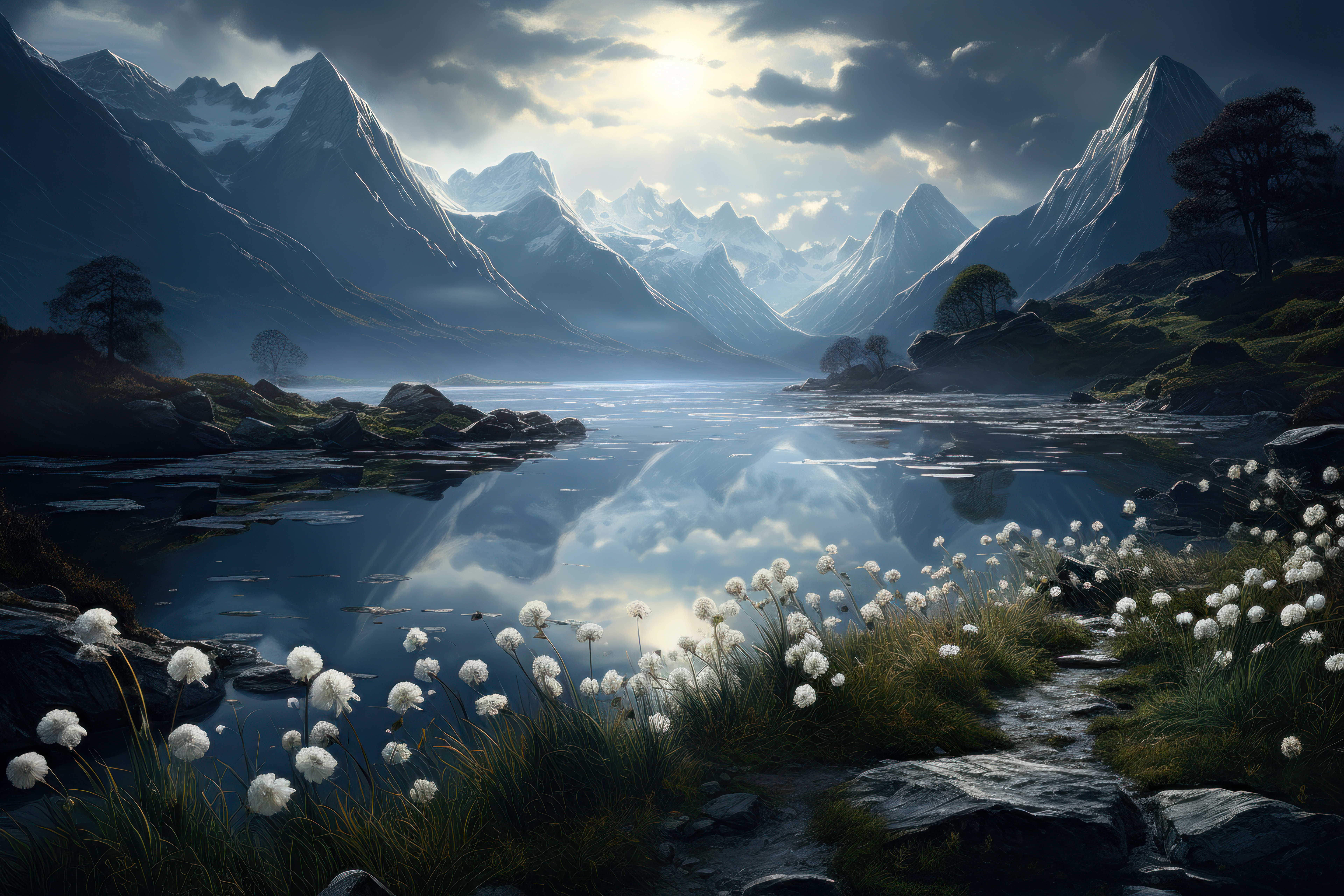 Alpine lake Wallpaper 4K, Moonlight, Scenery, Surreal