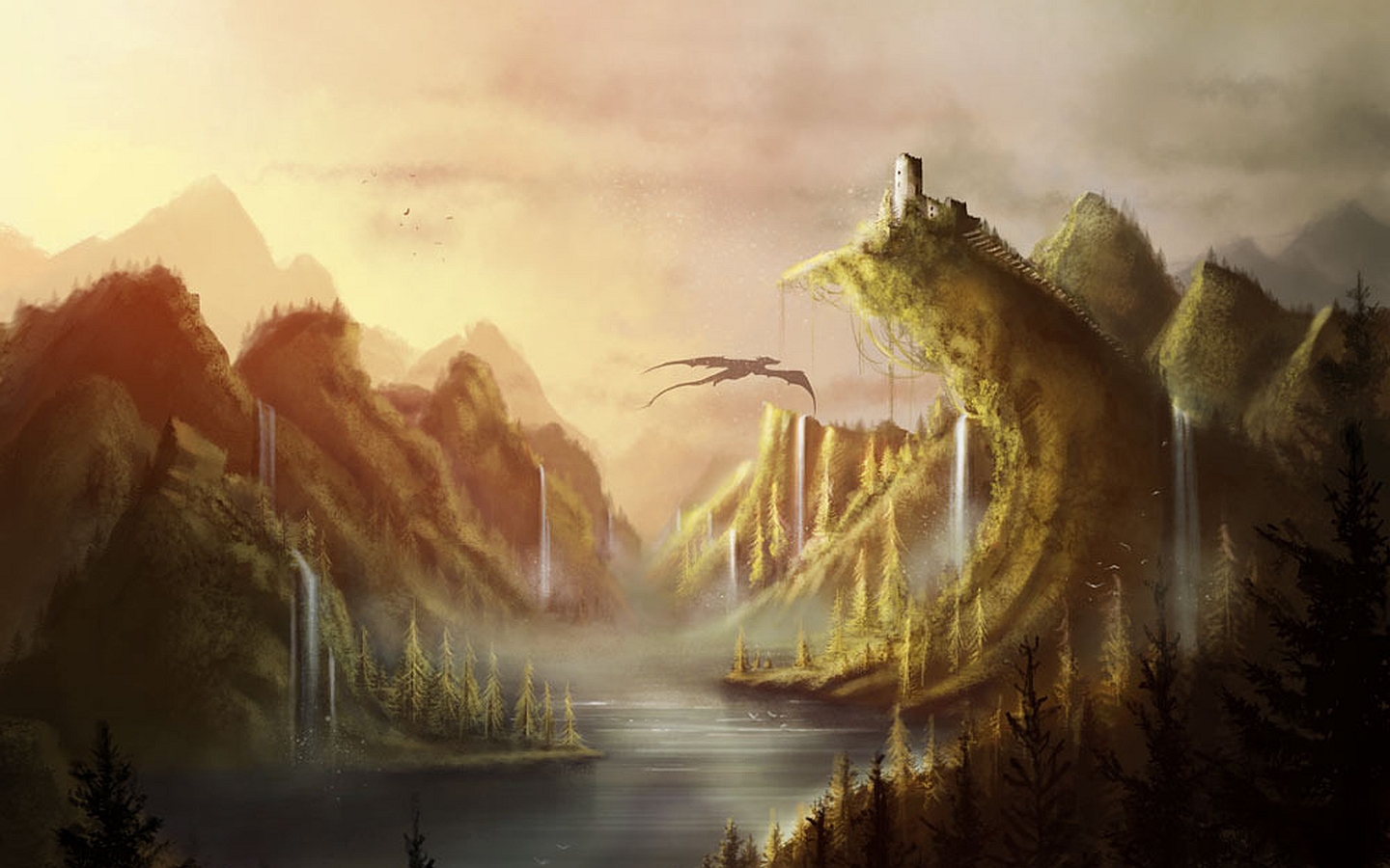 Desktop wallpaper: Fantasy, Lake, Dragon, Landscape, Waterfall 4K free download for PC. 577028