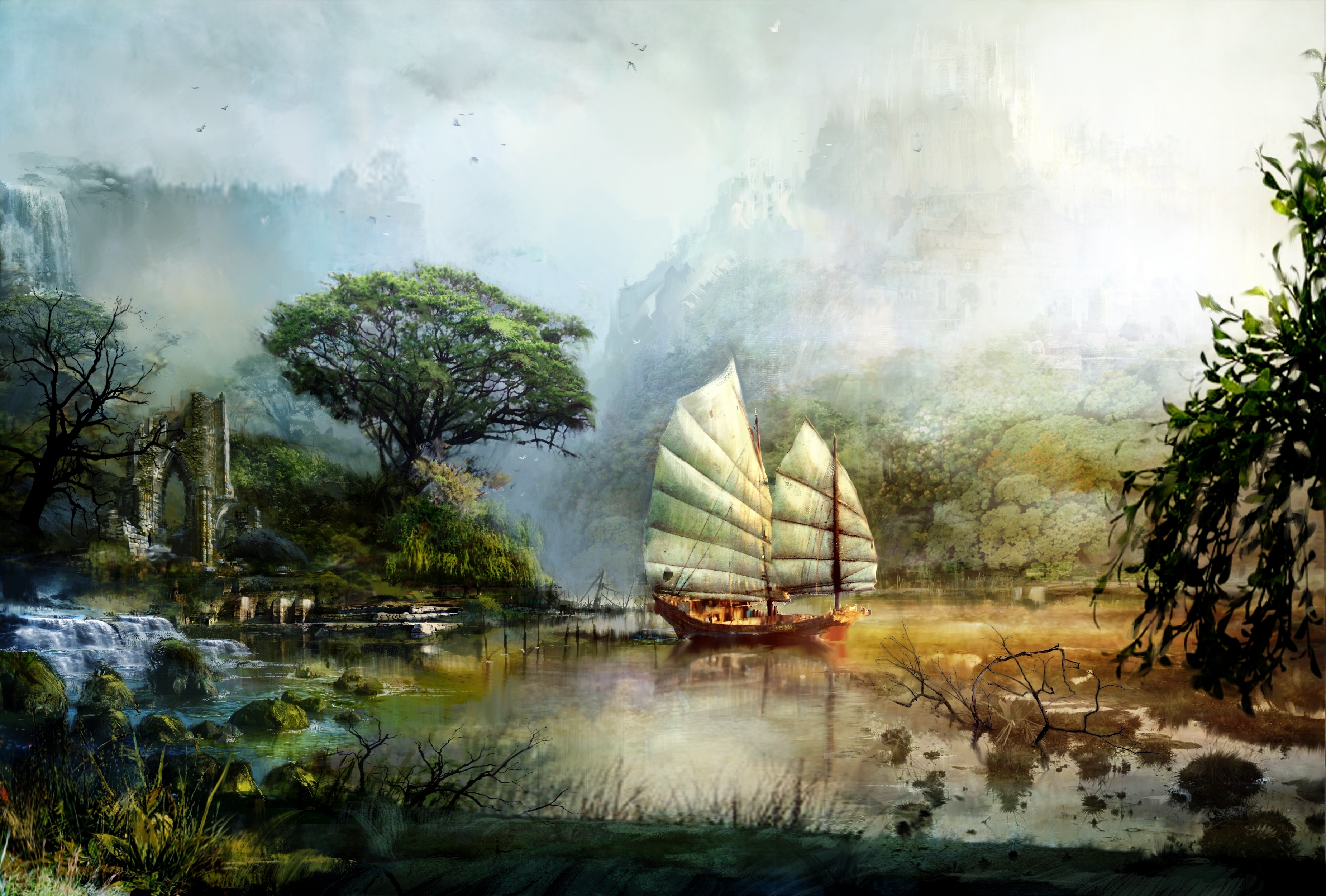 art, Guild, Wars, 2, Ship, Sailing, Scenery, Mountains, Lake, Water, Ruins, Fantasy Wallpaper HD / Desktop and Mobile Background