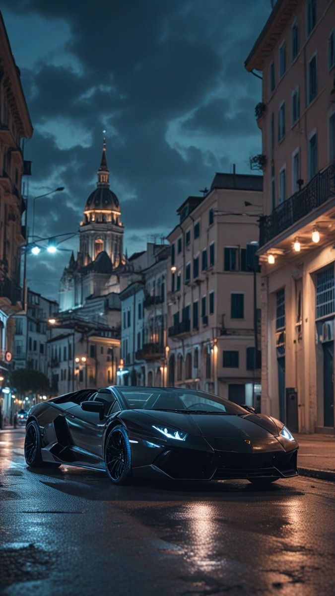A black lamborghini revuelto with bright lights in a cloudy blue hour night