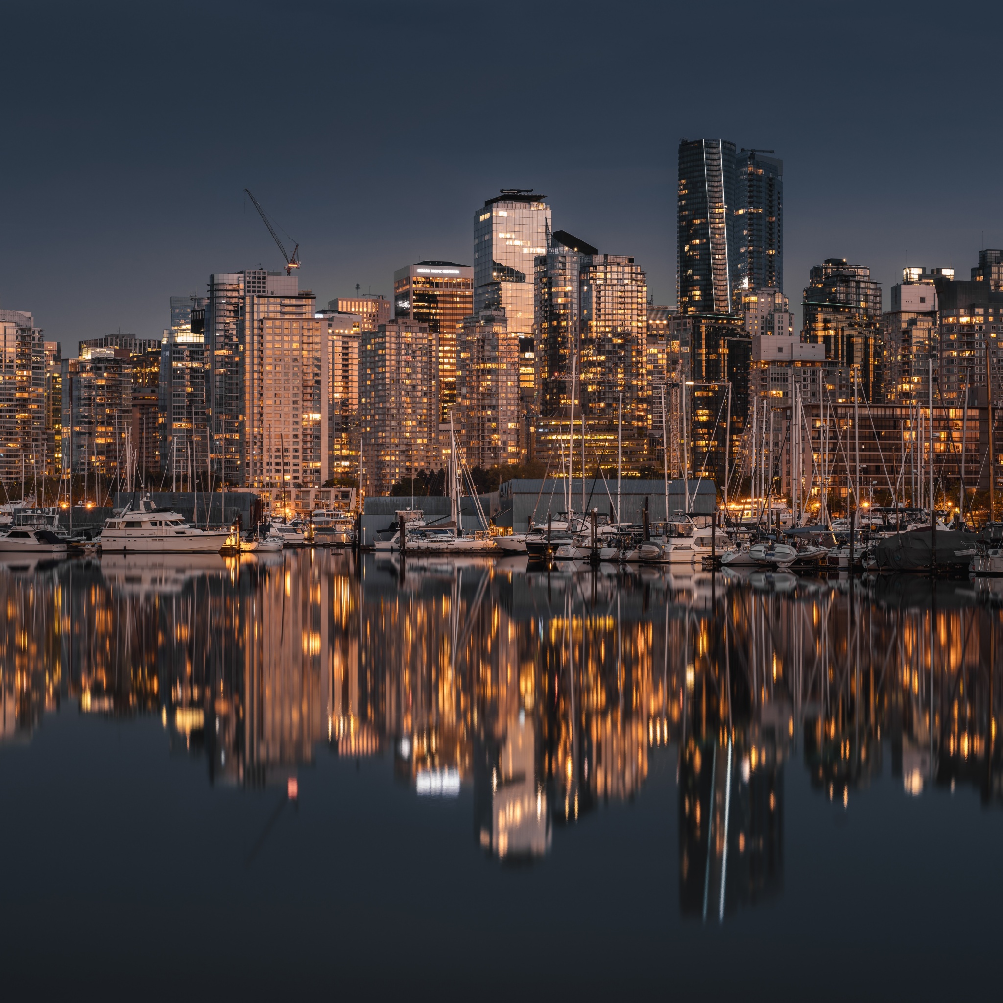 Vancouver City Wallpaper 4K, Harbor, Night lights, Cityscape