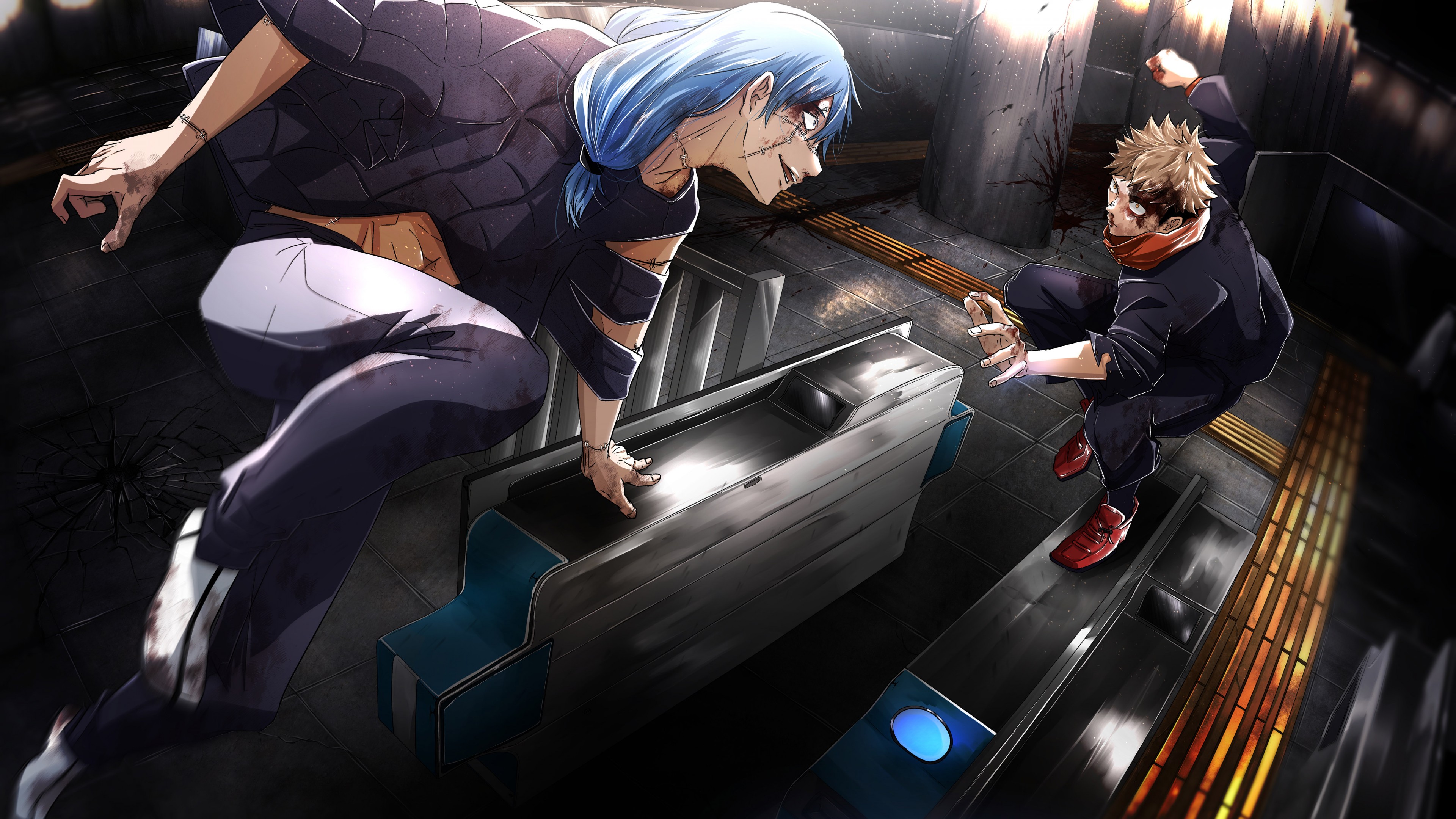 Blue Hair Boy Jujutsu Kaisen Mahito School Uniform Yuji Itadori 4K 5K HD Jujutsu Kaisen Wallpaper