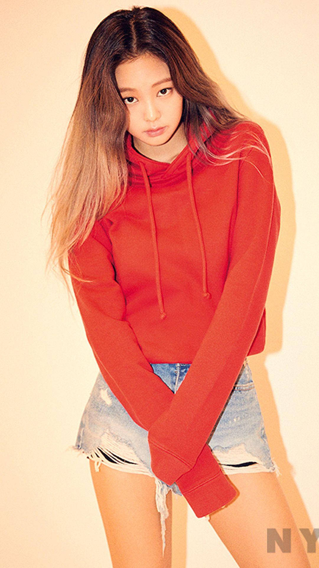Download Jennie Kim In Red Hoodie Wallpaper