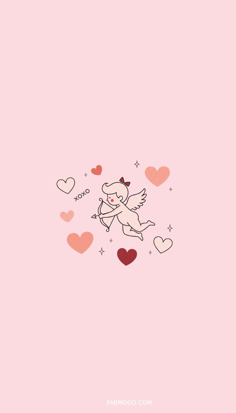 Minimal Cupid Valentine's Day Wallpaper Soft Pink Background with Hearts