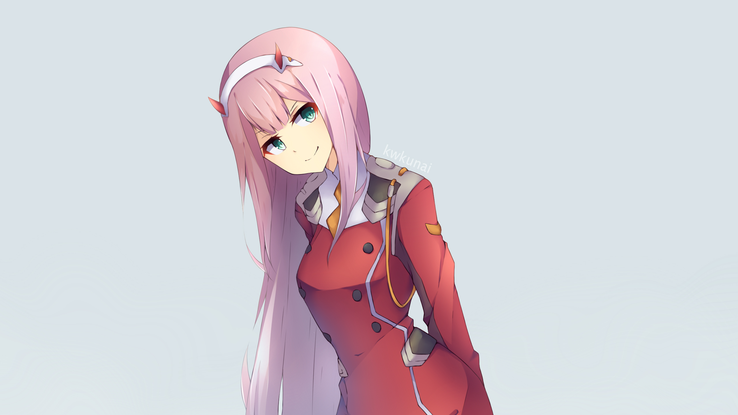 Darling In The FranXX Red Horn And Pink Hair Zero Two With Gray Background HD Anime Wallpaper
