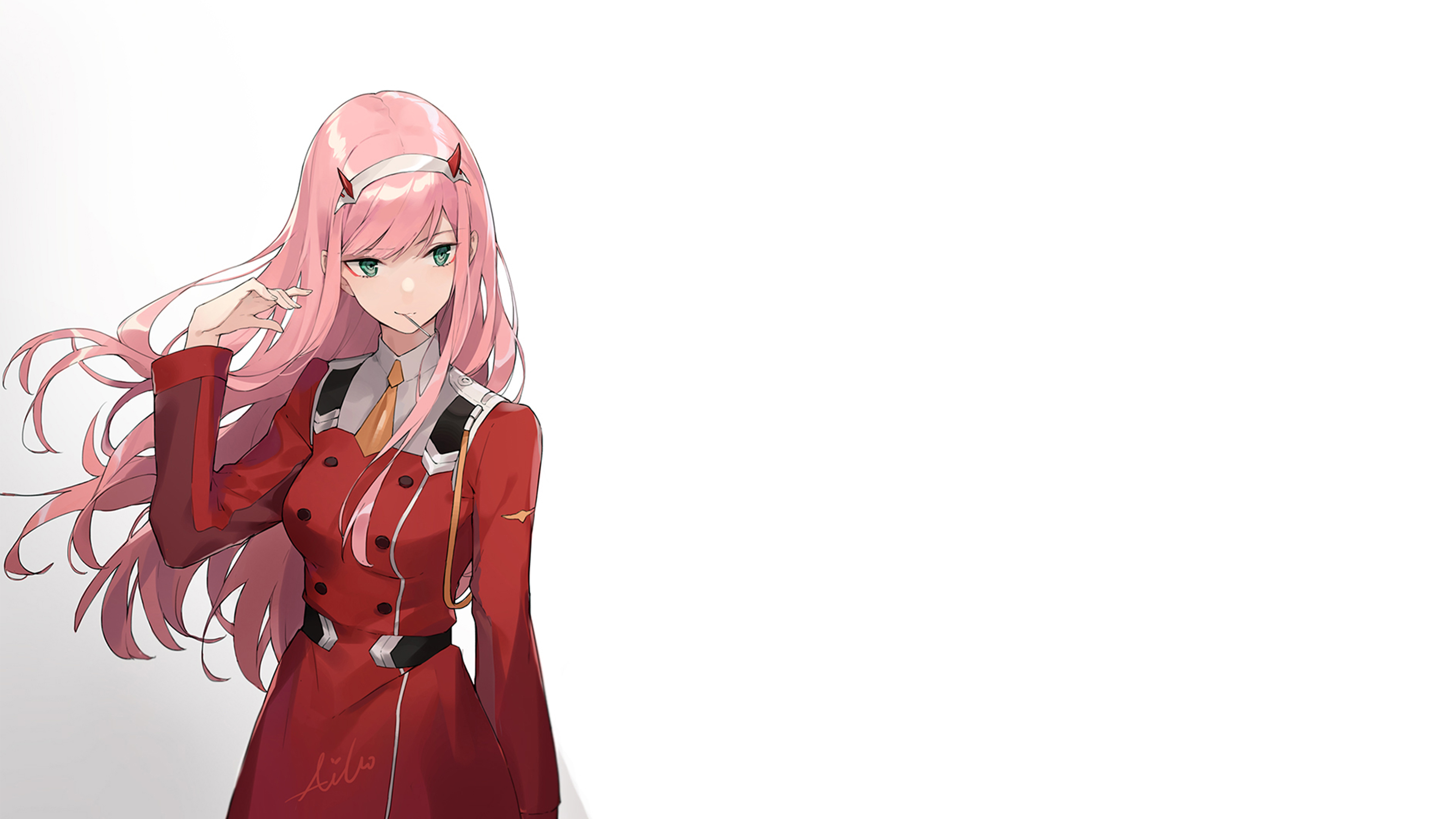 Darling In The FranXX Zero Two Hiro Zero Two Wearing Red Dress Pink Hair And Red Horn Standing On Side With White Background 4K HD Anime Wallpaper