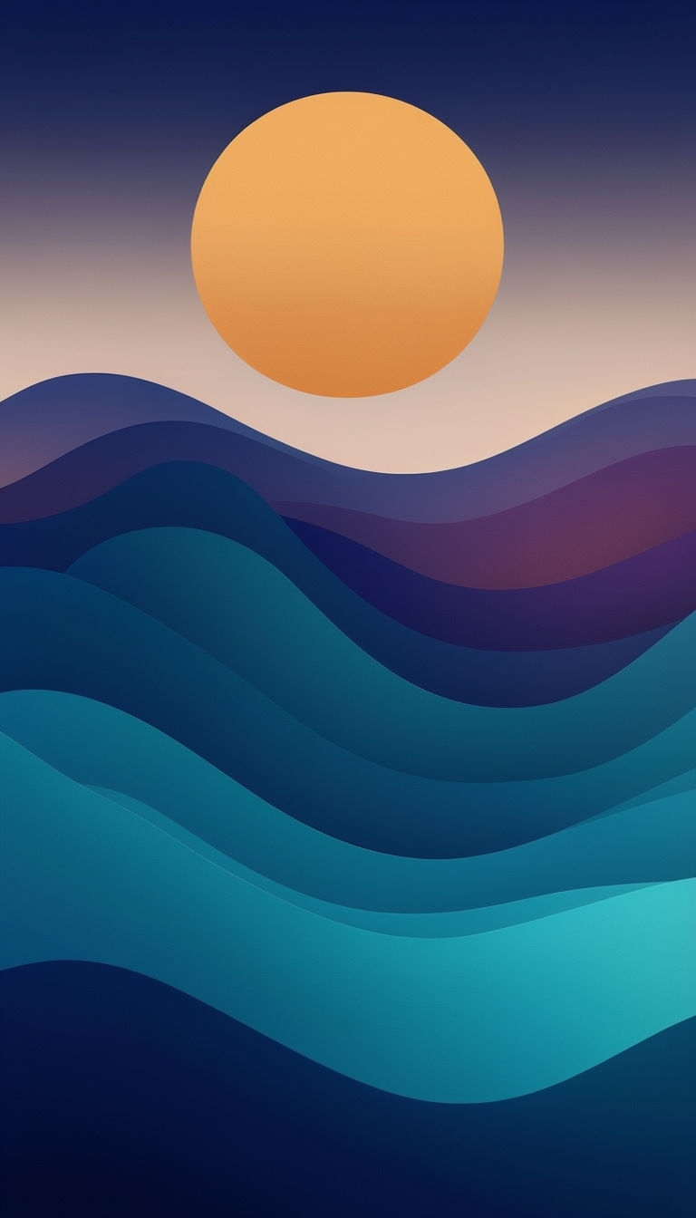 Tranquil Abstract Waves with Golden Moon Minimalist Design Mobile Wallpaper