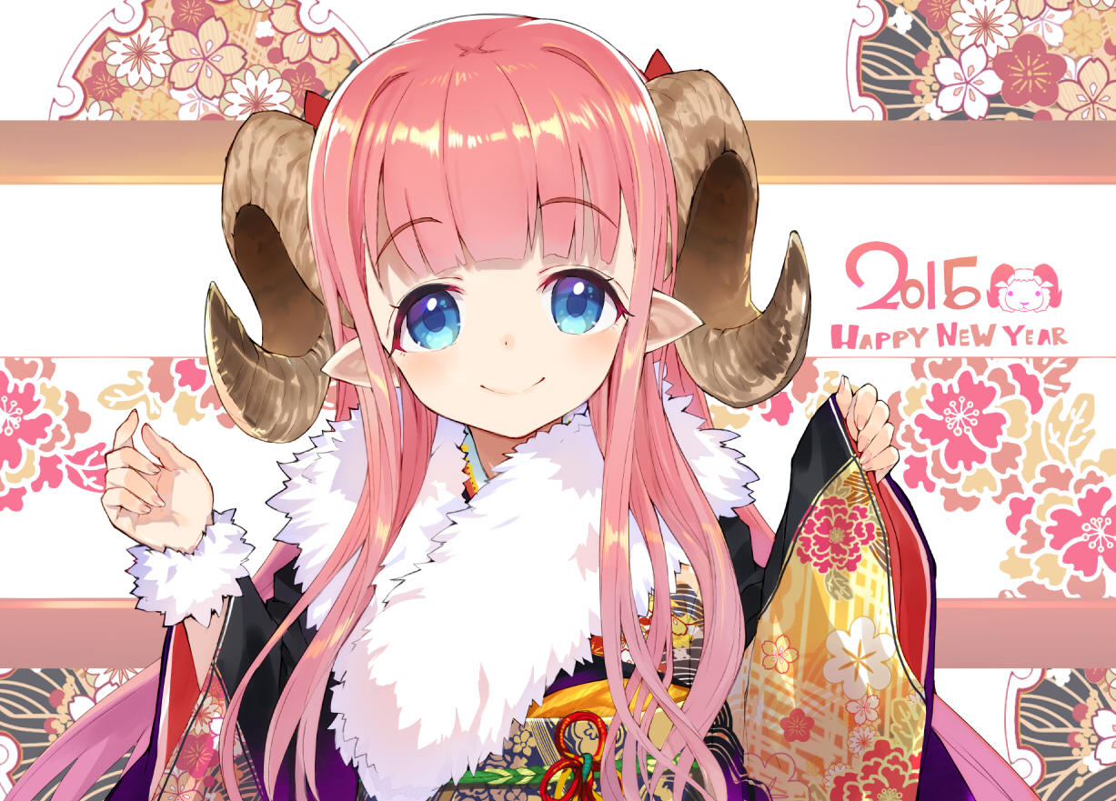Blue Eyes Horns Japanese Clothes Long Hair Original Pink Hair Pointed Ears Sheepgirl Shirabi (life Is Free). Konachan.net.com Anime Wallpaper
