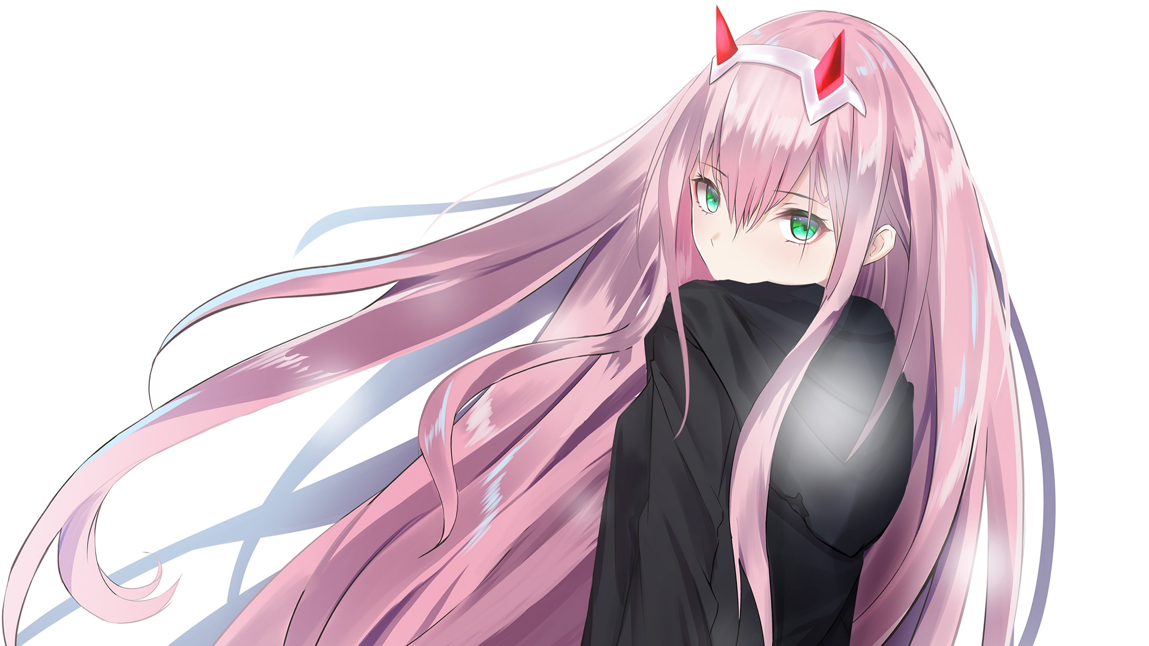 darling in the franxx pink hair red horn zero two wearing with background of white 4k HD anime Wallpaper