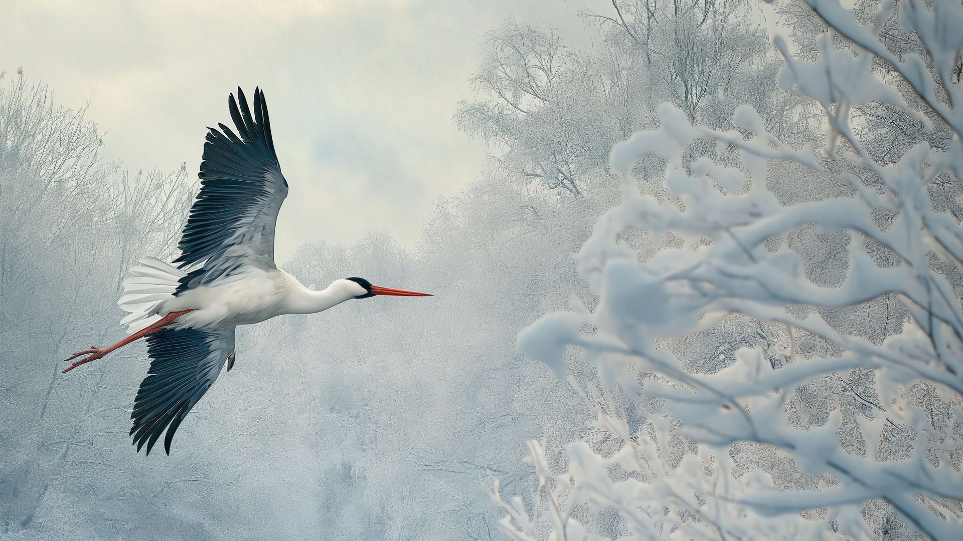 white stork, bird snow winter fores frozen trees wallpaper background HD Birds Wallpaper