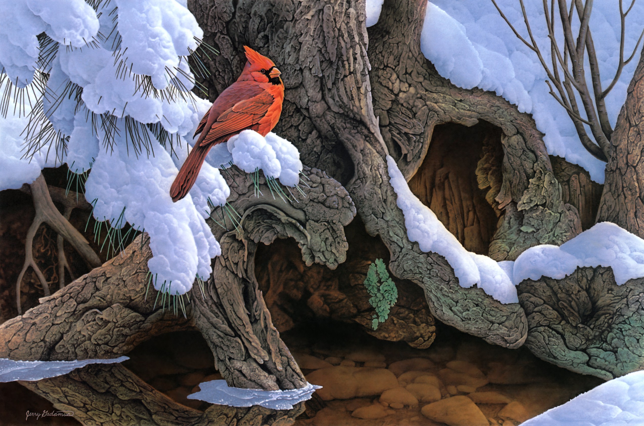 Wallpaper winter, snow, trees, bird, painting, cardinal, Jerry Gadamus, The Witness Tree for mobile and desktop, section живопись, resolution 2545x1685