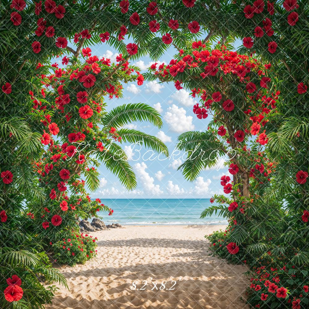 Kate Summer Sea Beach Green Plant Red Flower Arch Backdrop Designed