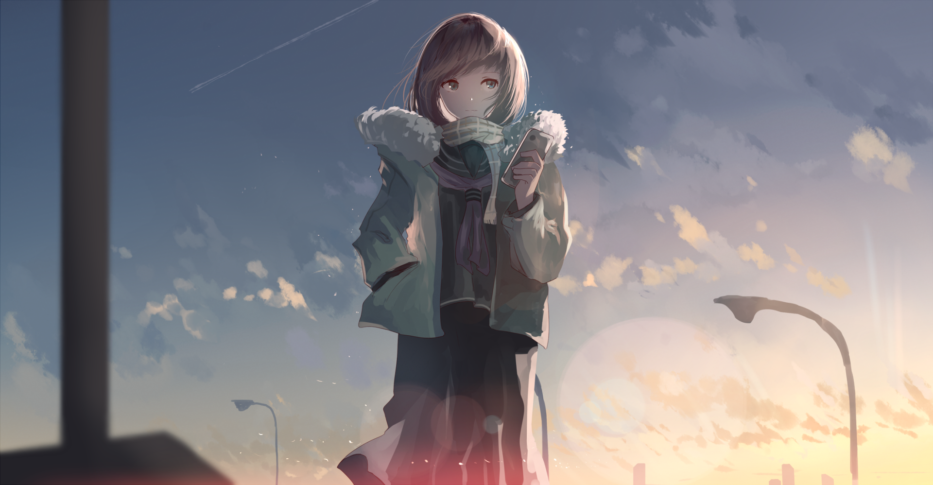 Chilly Twilight: Anime Girl with Scarf and Phone HD Wallpaper