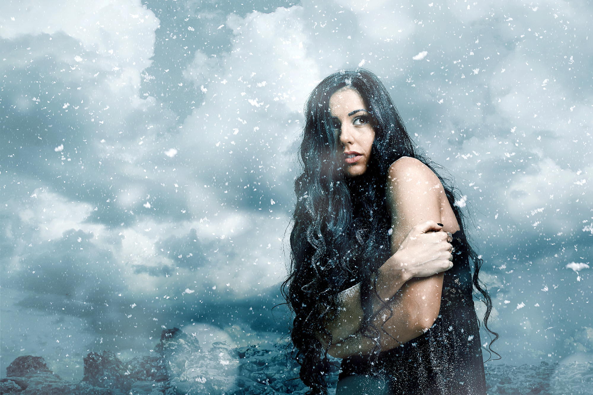 Wallpaper winter, girl, snow, snowflakes, the wind, cold for mobile and desktop, section ситуации, resolution 2000x1333